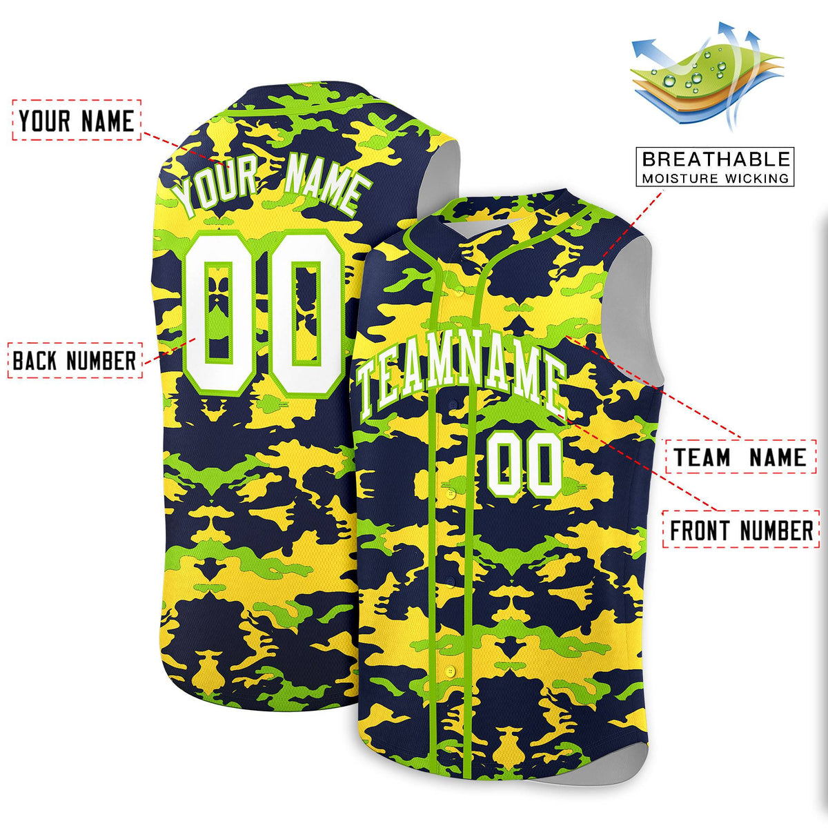 Custom Navy Gold and Neon Green Camo Fashion Authentic Sleeveless Baseball Jersey