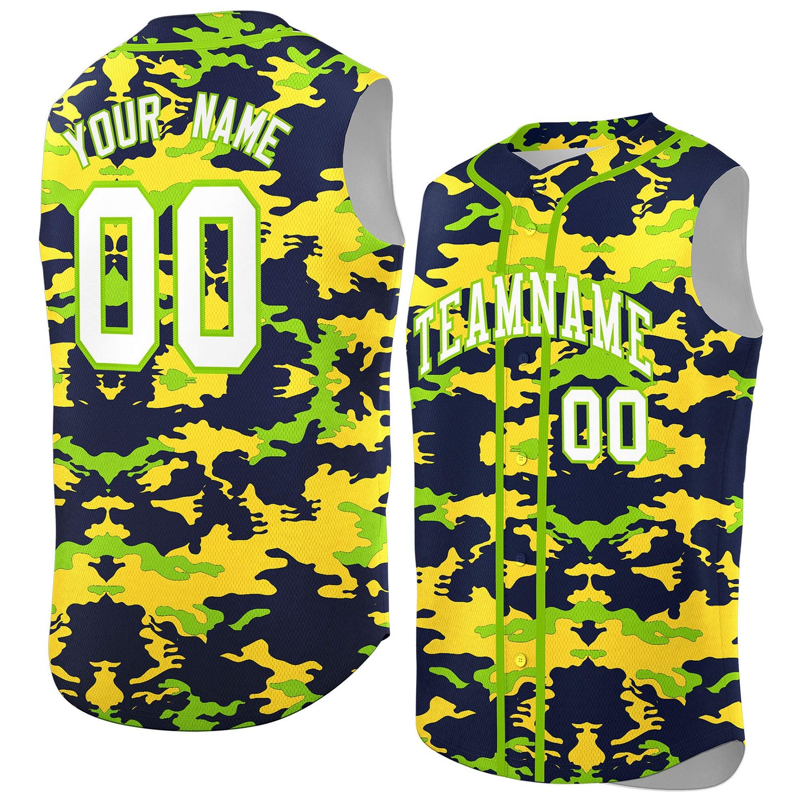 Custom Navy Gold and Neon Green Camo Fashion Authentic Sleeveless Baseball Jersey