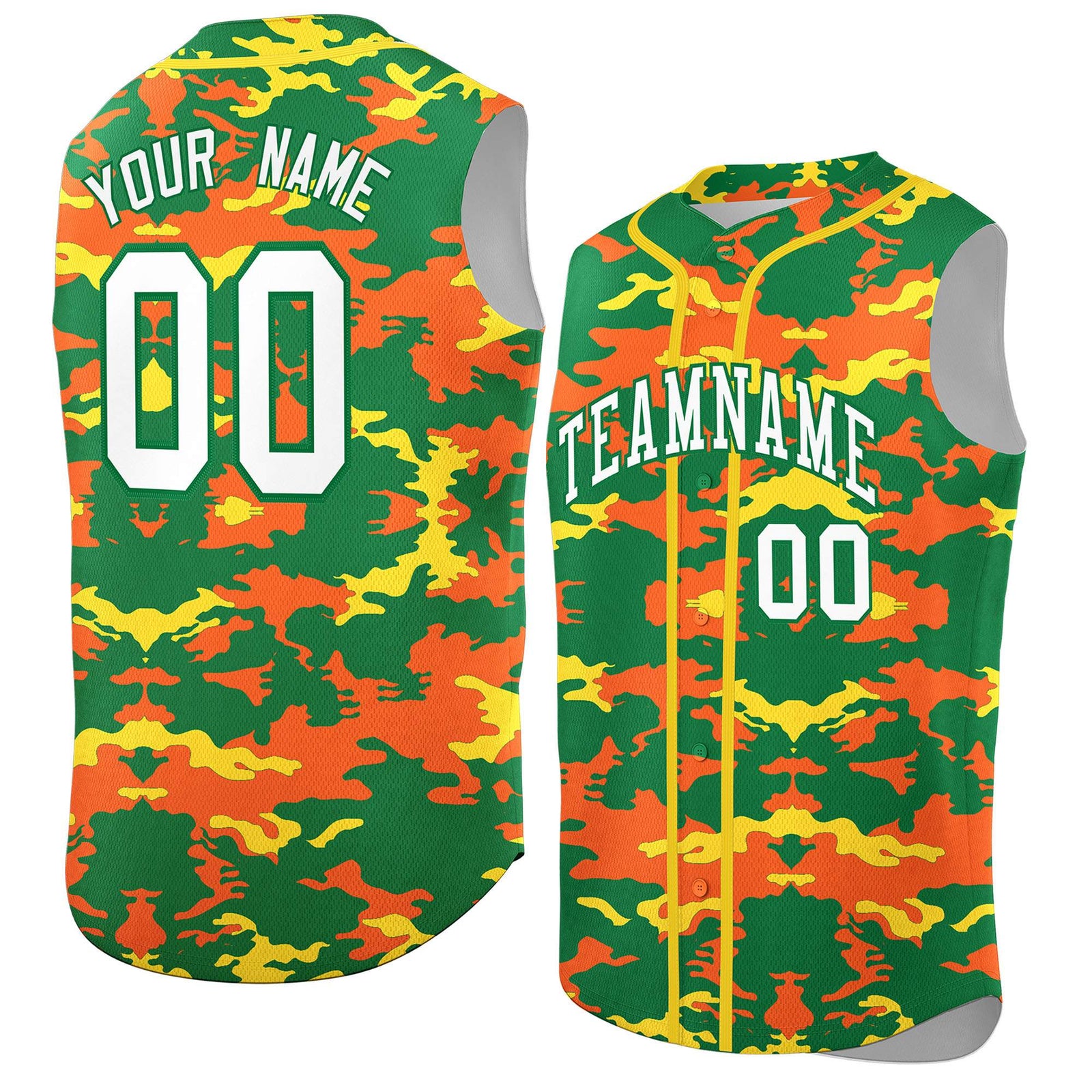 Custom Kelly Green Orange and Gold Camo Fashion Authentic Sleeveless Baseball Jersey