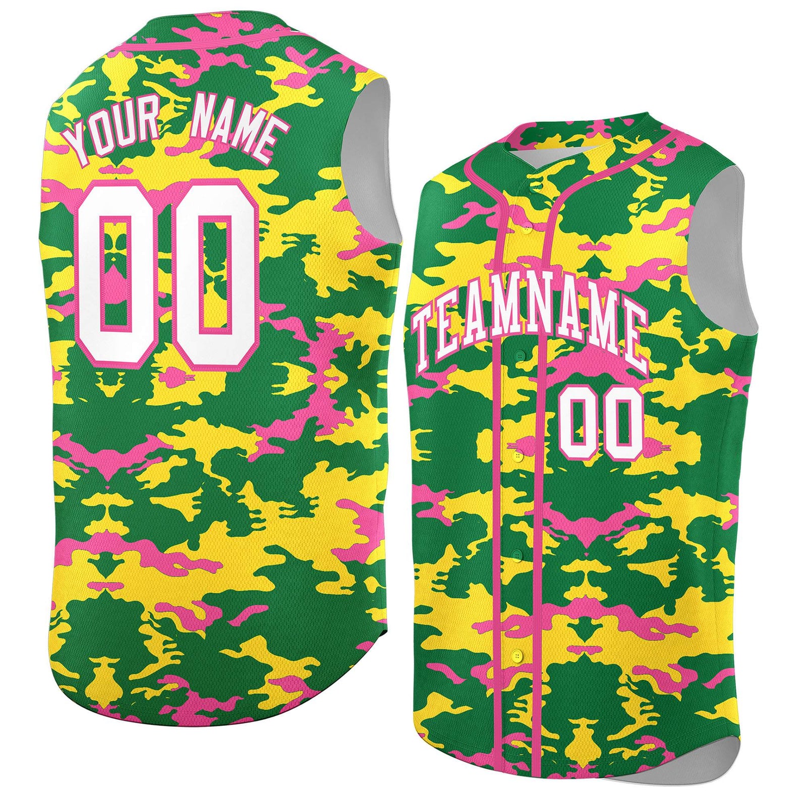 Custom Kelly Green Gold and Pink Camo Fashion Authentic Sleeveless Baseball Jersey