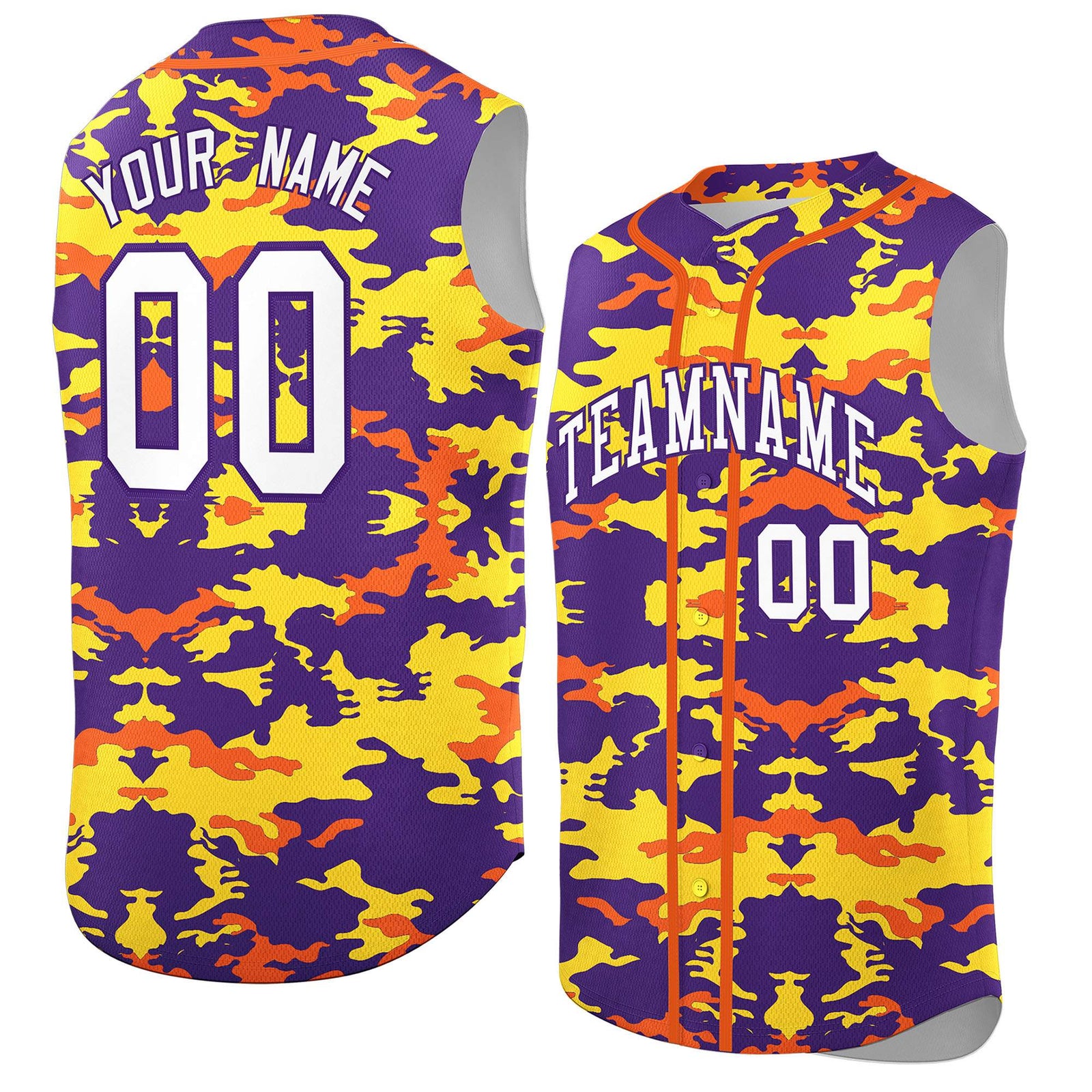 Custom Purple Gold and Orange Camo Fashion Authentic Sleeveless Baseball Jersey