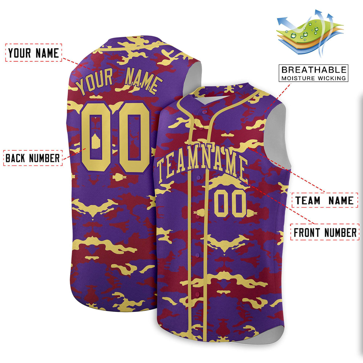 Custom Purple Crimson and Old Gold Camo Fashion Authentic Sleeveless Baseball Jersey