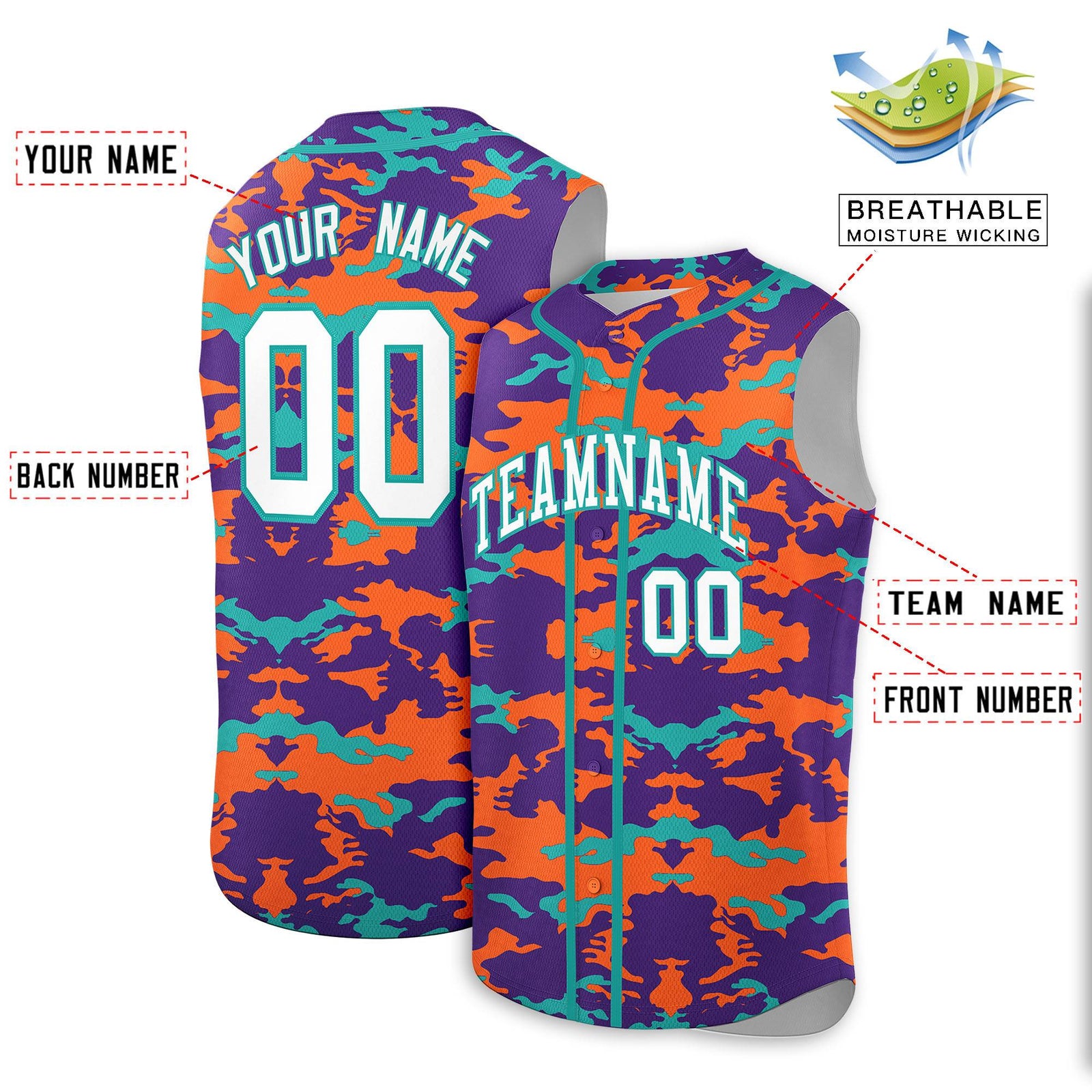 Custom Purple Orange and Aqua Camo Fashion Authentic Sleeveless Baseball Jersey