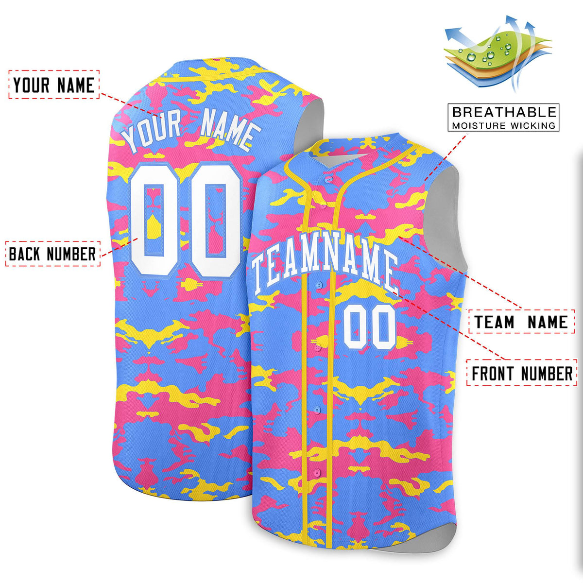 Custom Powder Blue Pink and Gold Camo Fashion Authentic Sleeveless Baseball Jersey