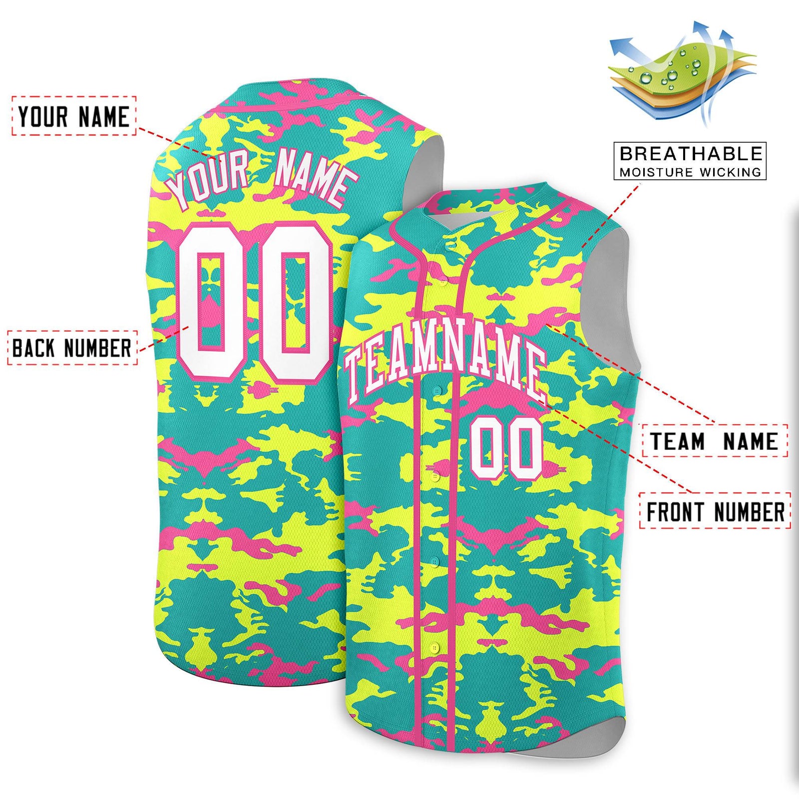 Custom Bright Green Fluorescent Green and Pink Camo Fashion Authentic Sleeveless Baseball Jersey