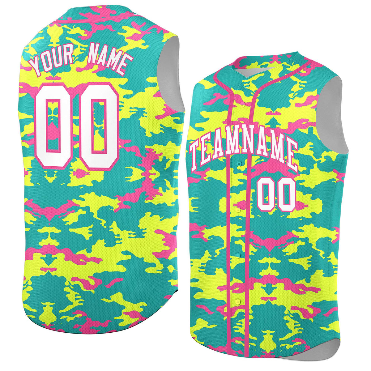 Custom Bright Green Fluorescent Green and Pink Camo Fashion Authentic Sleeveless Baseball Jersey
