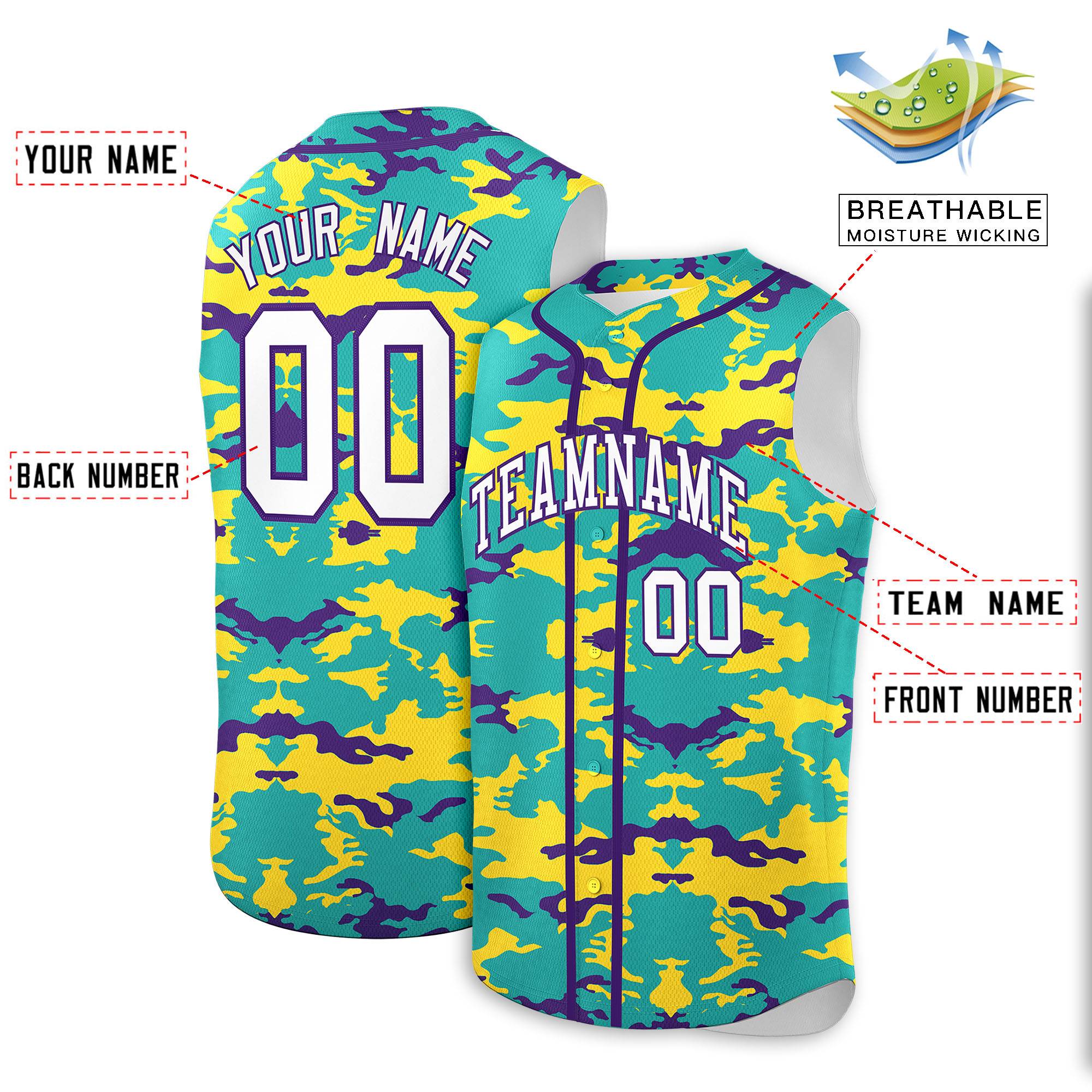 Custom Bright Green Gold and Purple Camo Fashion Authentic Sleeveless Baseball Jersey
