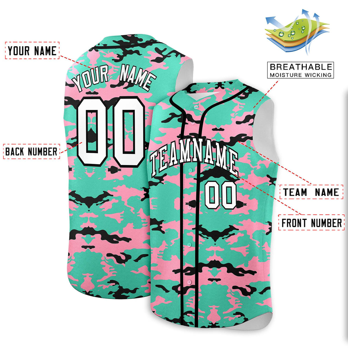 Custom Bright Green Light Pink and Black Camo Fashion Authentic Sleeveless Baseball Jersey