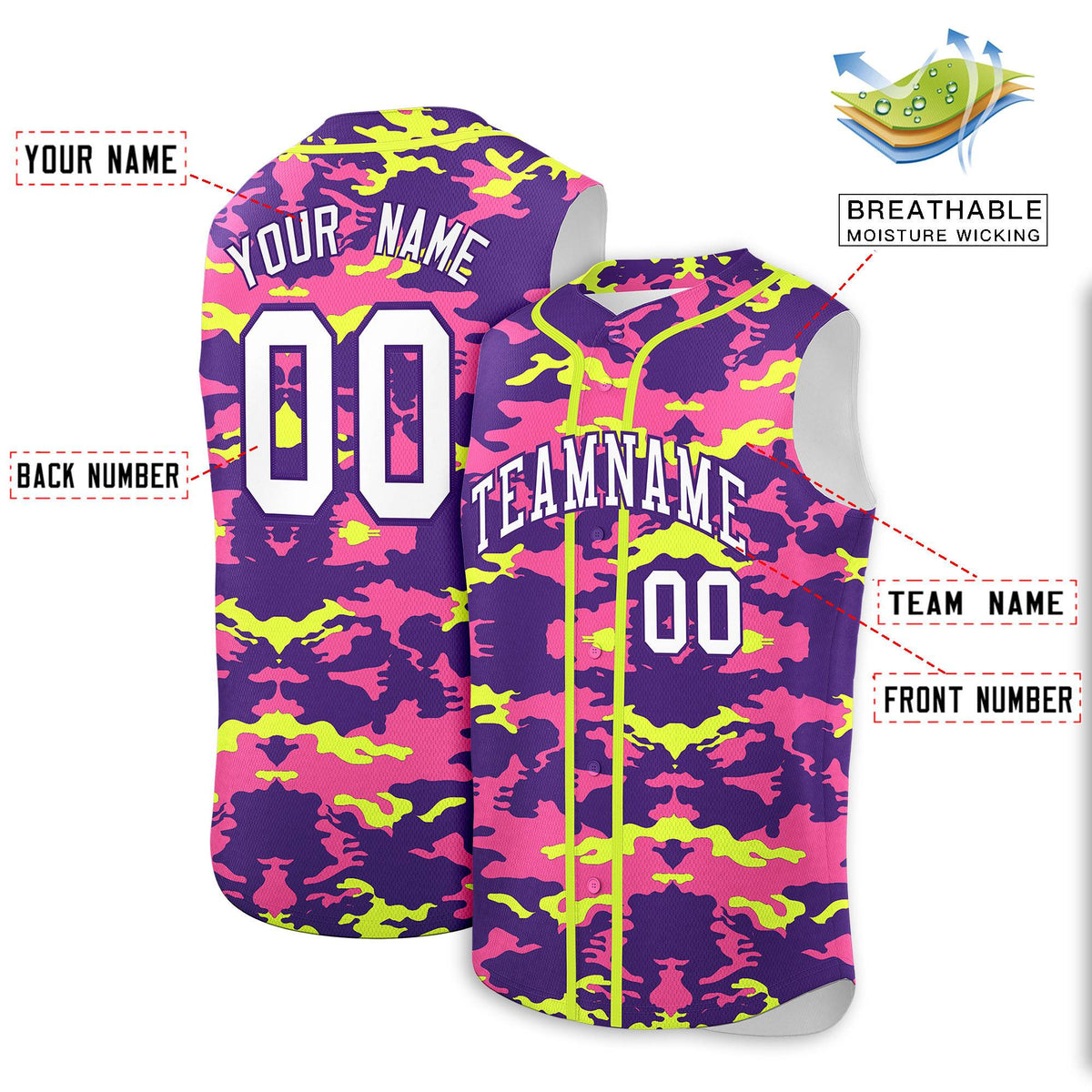 Custom Purple Pink and Fluorescent Green Camo Fashion Authentic Sleeveless Baseball Jersey