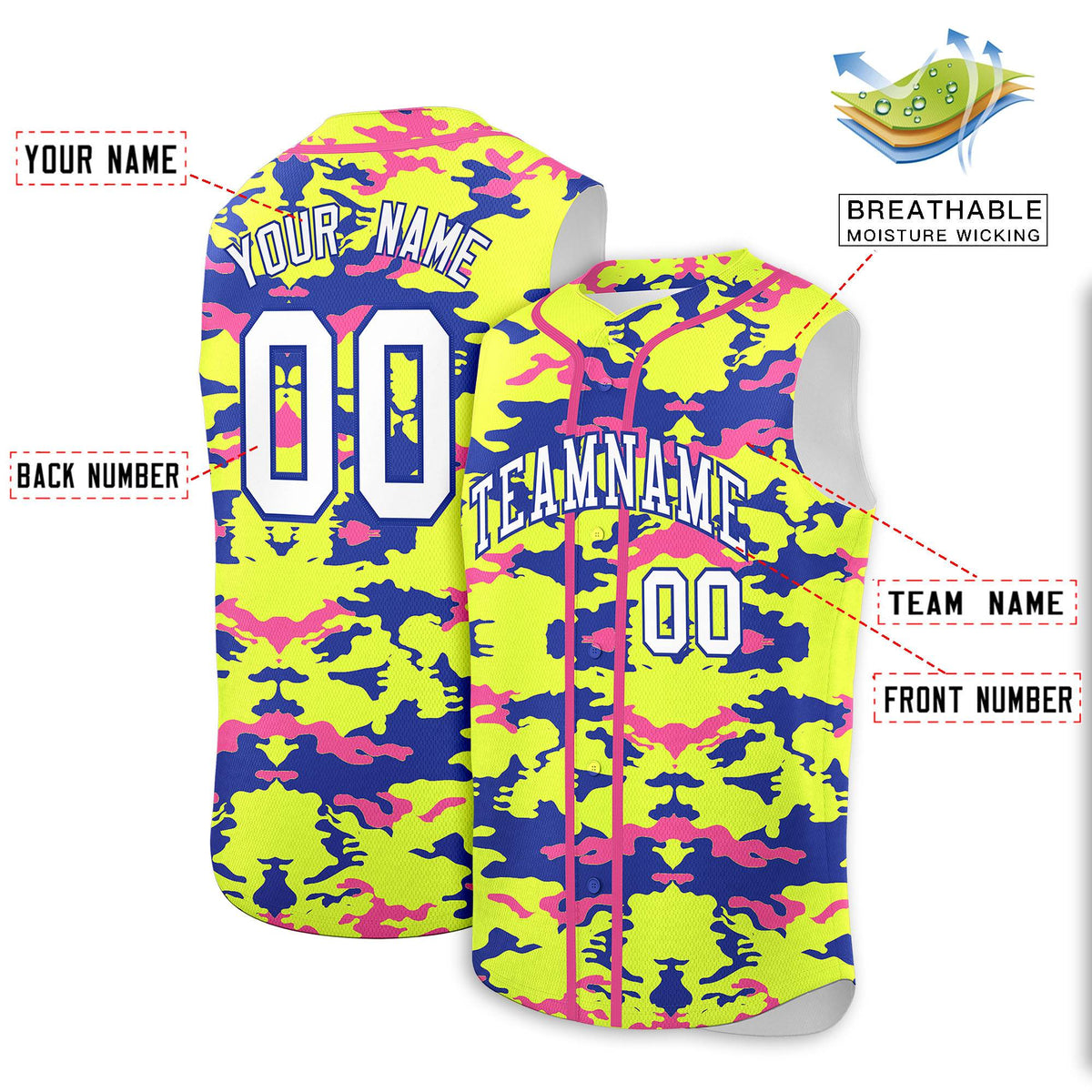 Custom Fluorescent Green Royal and Pink Camo Fashion Authentic Sleeveless Baseball Jersey