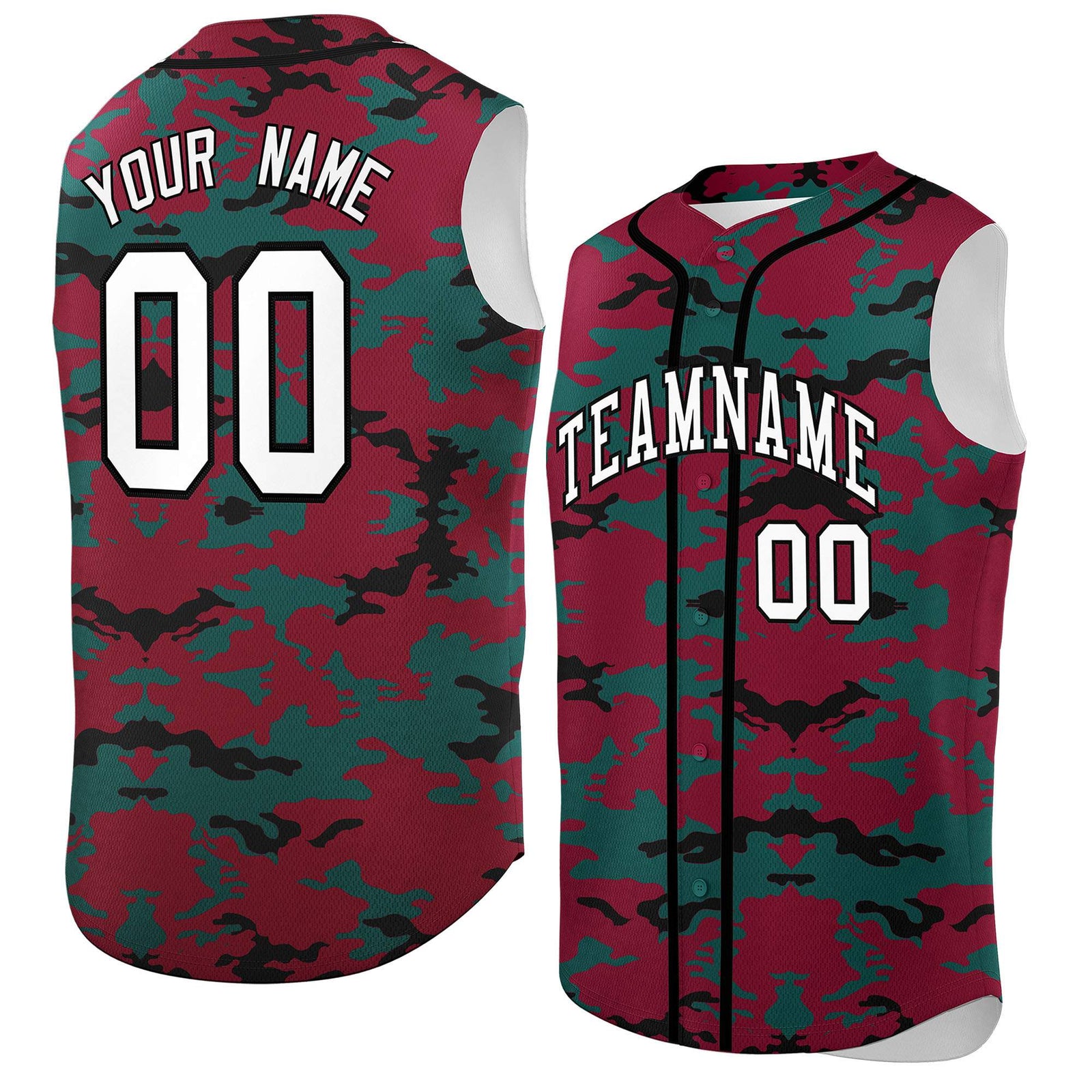 Custom Crimson Midnight Green and Black Camo Fashion Authentic Sleeveless Baseball Jersey