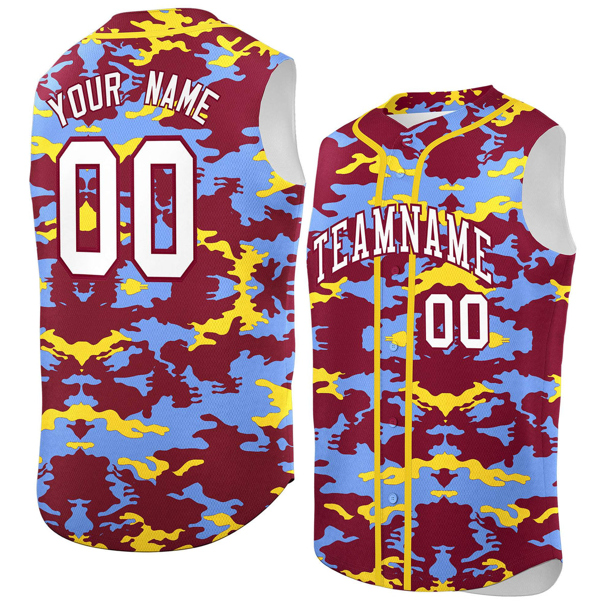 Custom Crimson Light Blue and Gold Camo Fashion Authentic Sleeveless Baseball Jersey