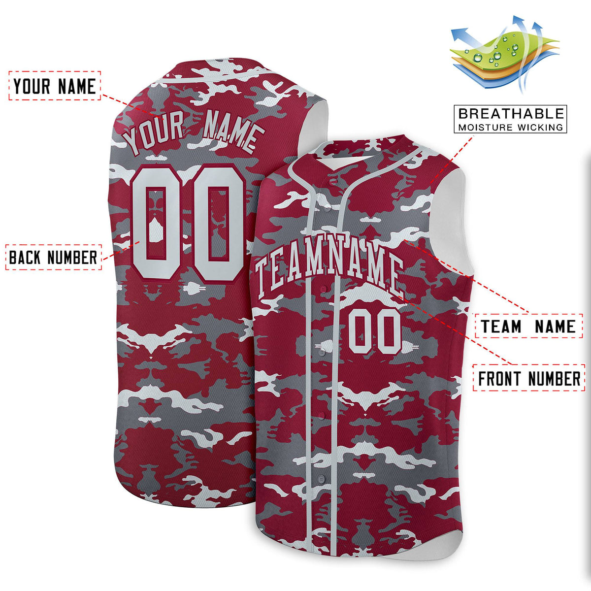 Custom Crimson Gray and Silver Camo Fashion Authentic Sleeveless Baseball Jersey