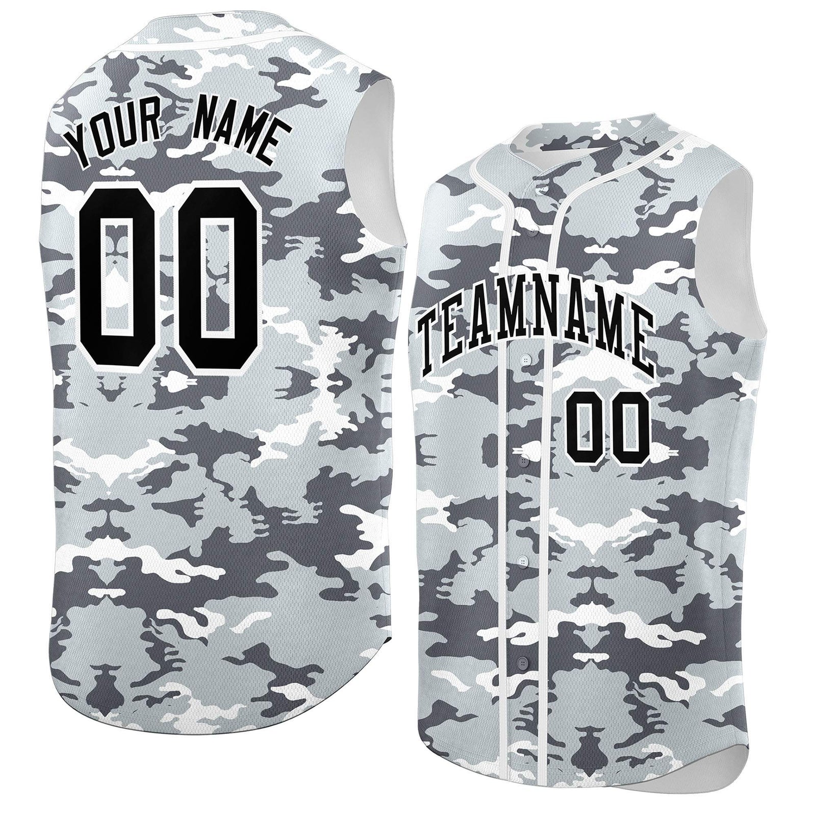 Custom Silver Gray and White Camo Fashion Authentic Sleeveless Baseball Jersey