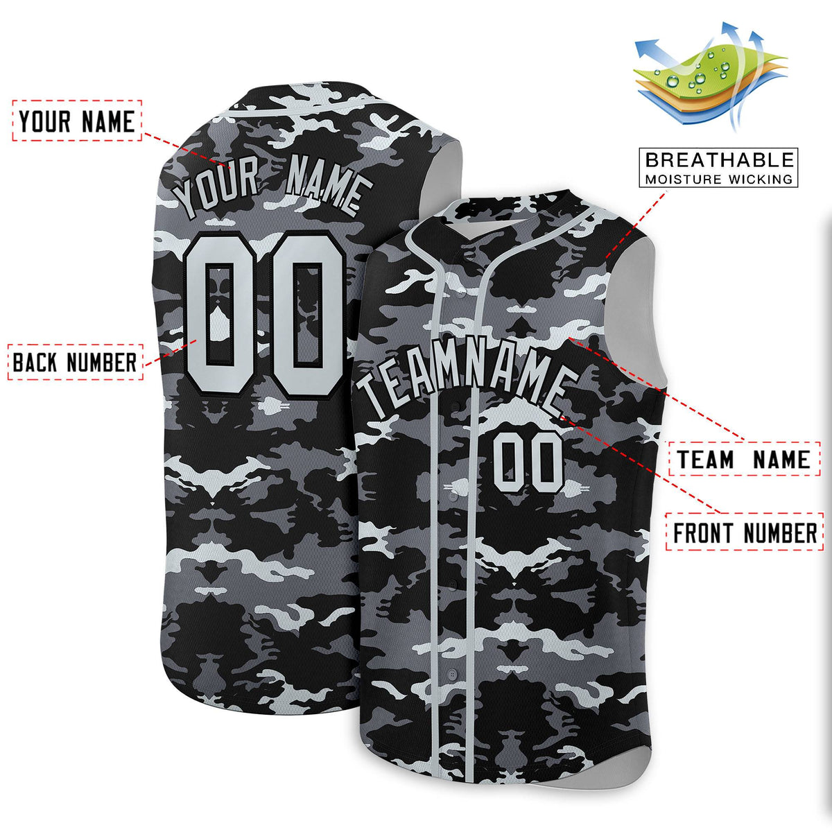 Custom Black Gray and Silver Camo Fashion Authentic Sleeveless Baseball Jersey