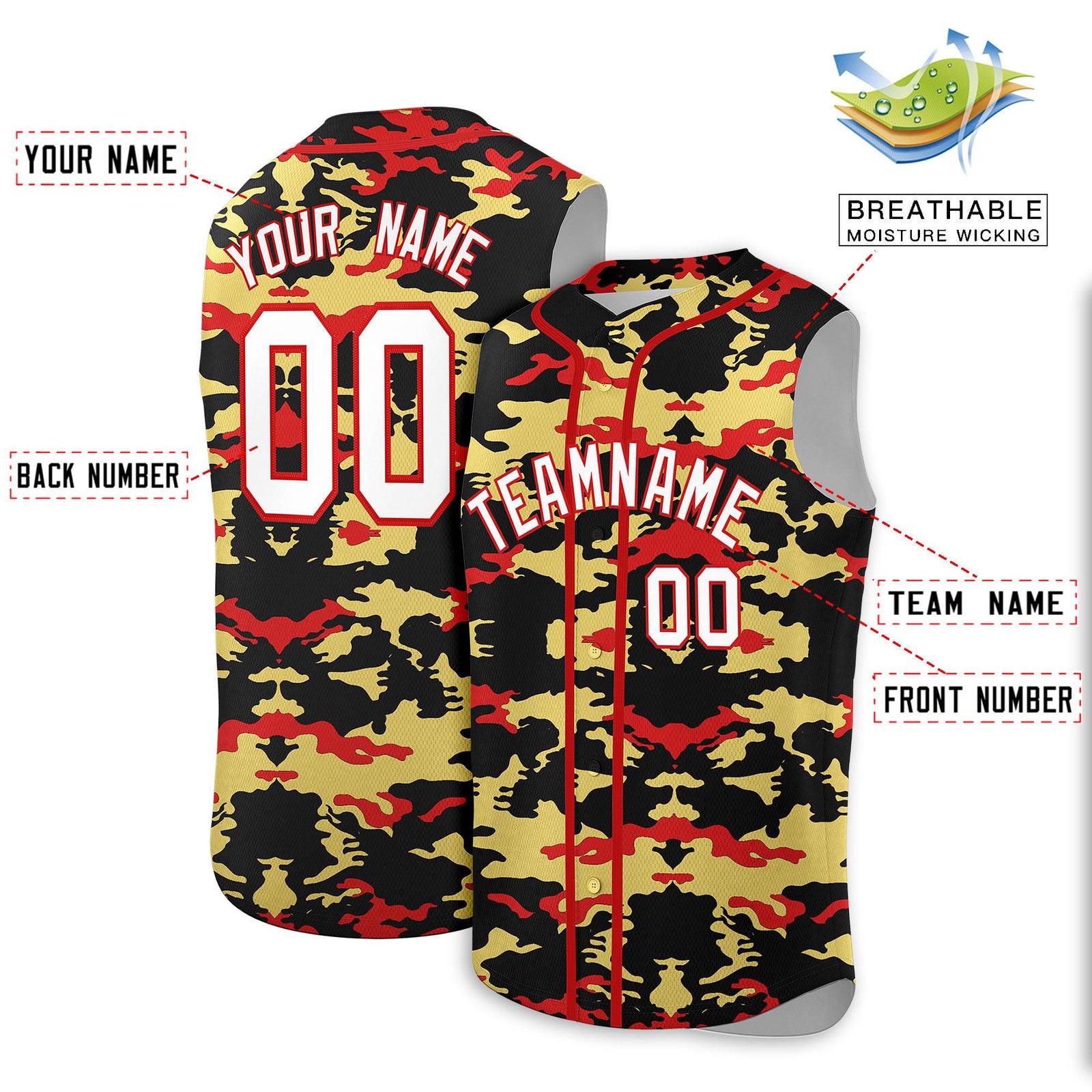 Custom Black Old Gold and Red Camo Fashion Authentic Sleeveless Baseball Jersey
