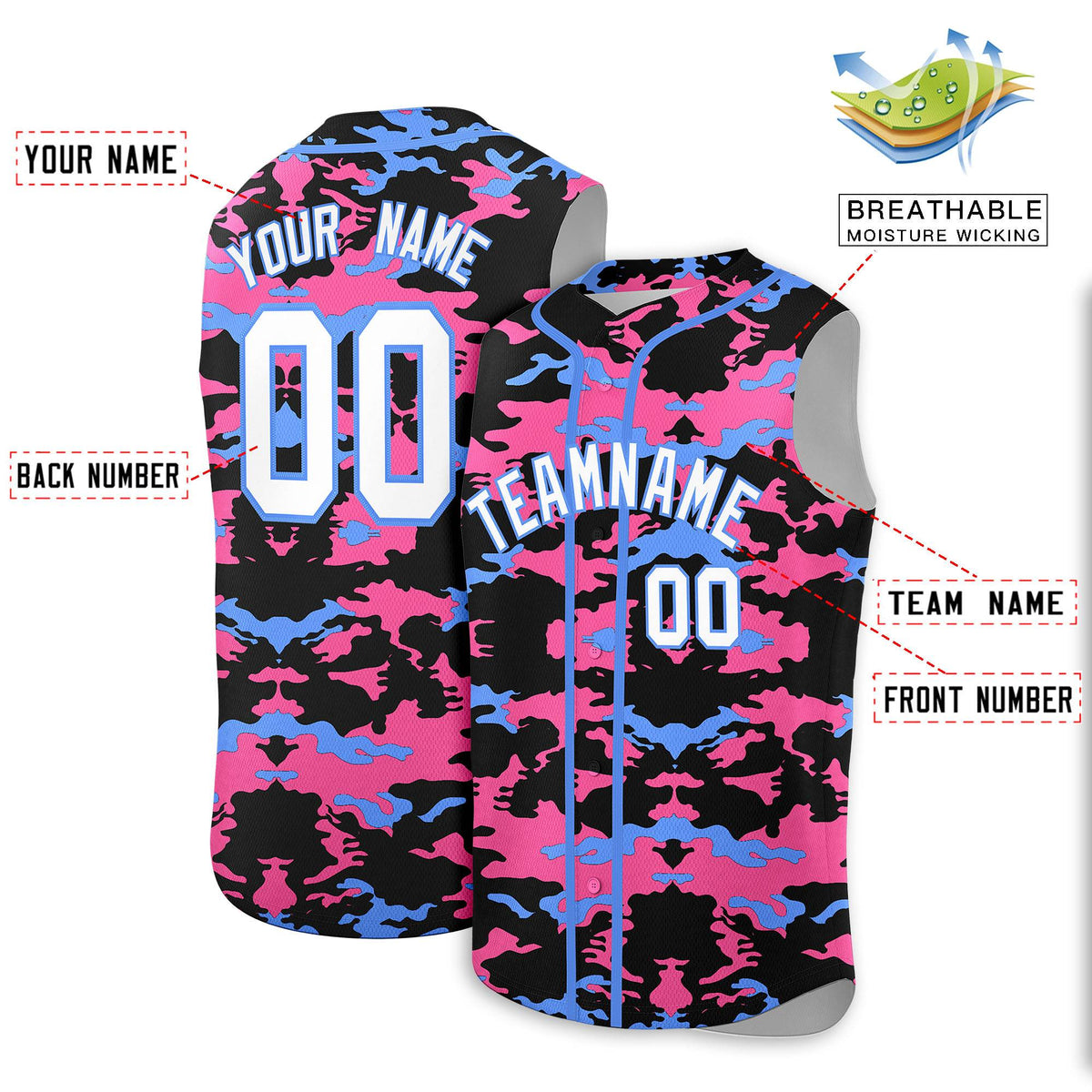 Custom Black Pink and Powder Blue Camo Fashion Authentic Sleeveless Baseball Jersey