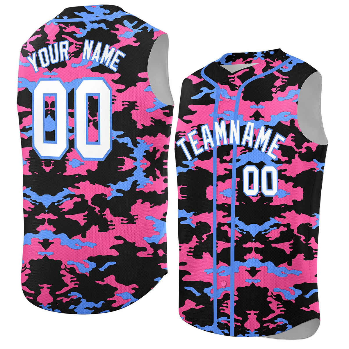 Custom Black Pink and Powder Blue Camo Fashion Authentic Sleeveless Baseball Jersey