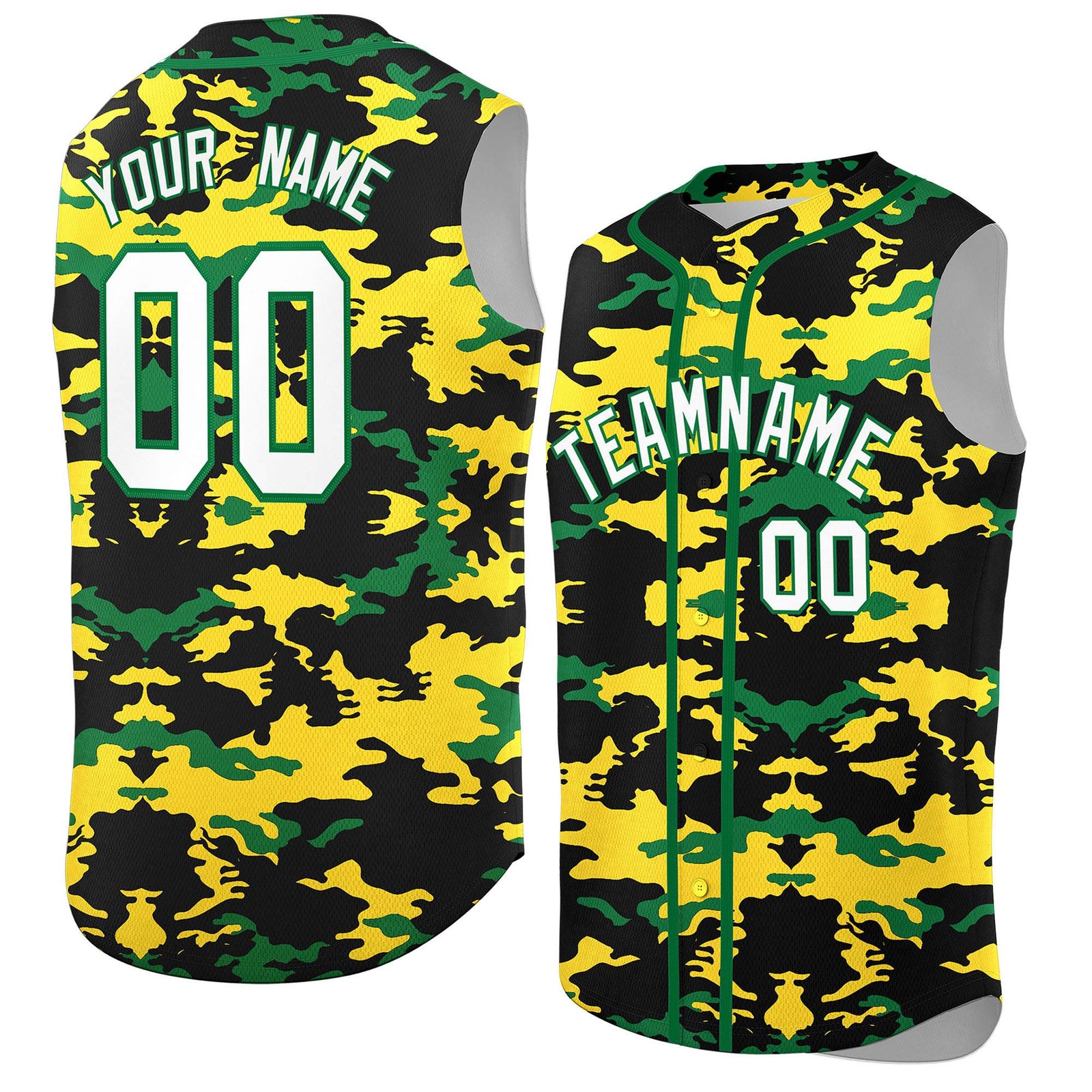 Custom Black Gold and Kelly Green Camo Fashion Authentic Sleeveless Baseball Jersey