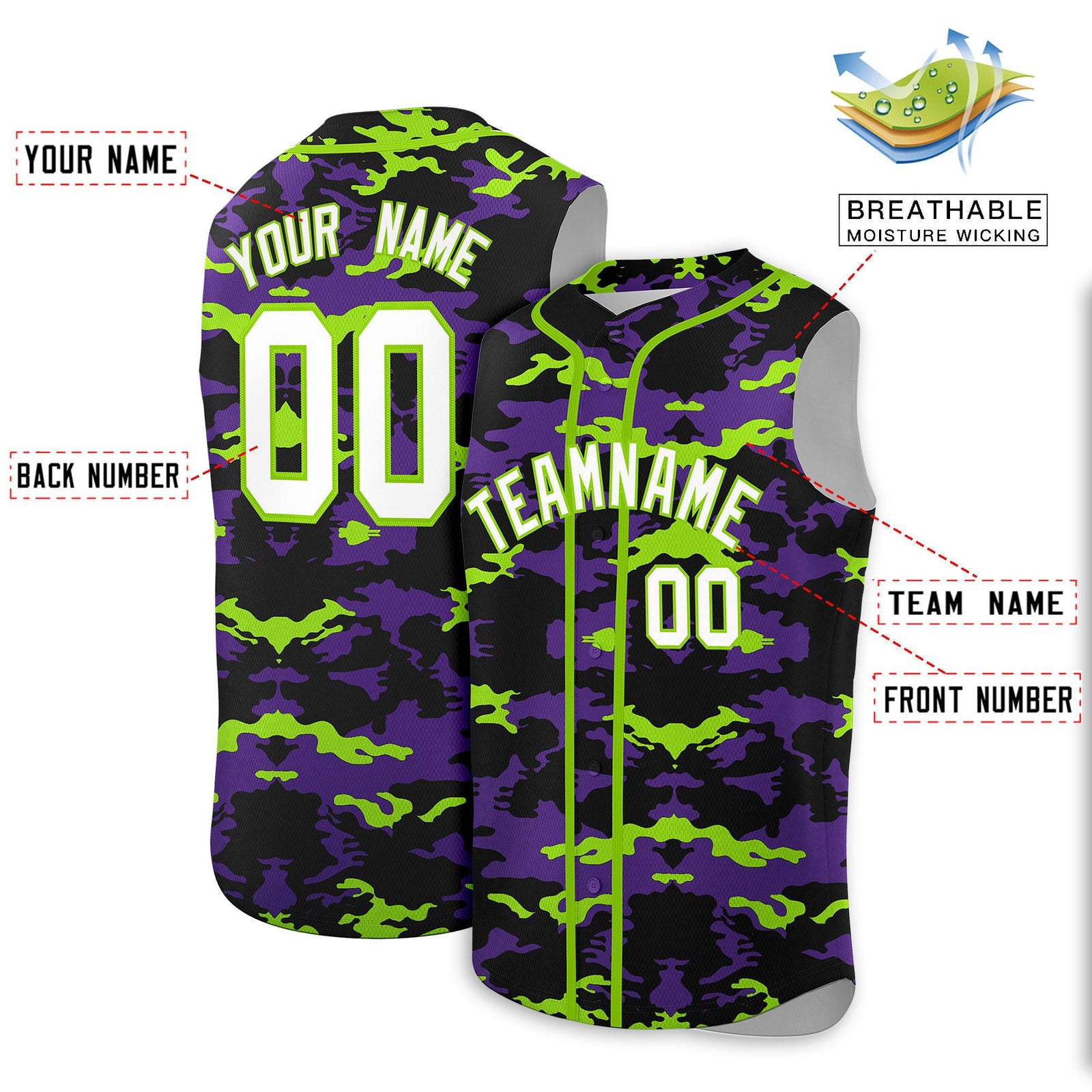 Custom Black Purple and Neon Green Camo Fashion Authentic Sleeveless Baseball Jersey