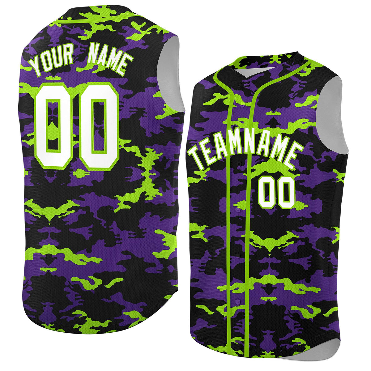 Custom Black Purple and Neon Green Camo Fashion Authentic Sleeveless Baseball Jersey