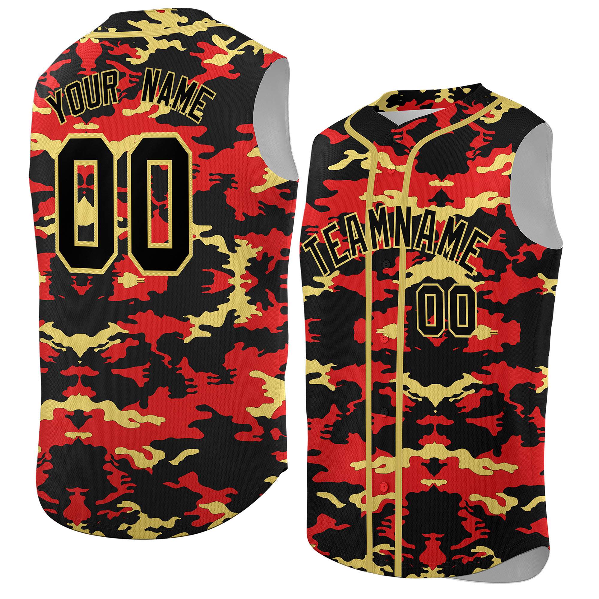 Custom Black Red and Old Gold Camo Fashion Authentic Sleeveless Baseball Jersey
