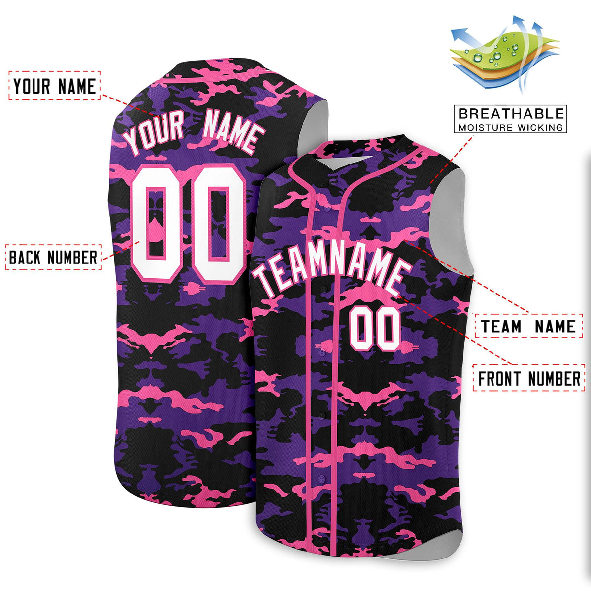 Custom Black Purple and Pink Camo Fashion Authentic Sleeveless Baseball Jersey