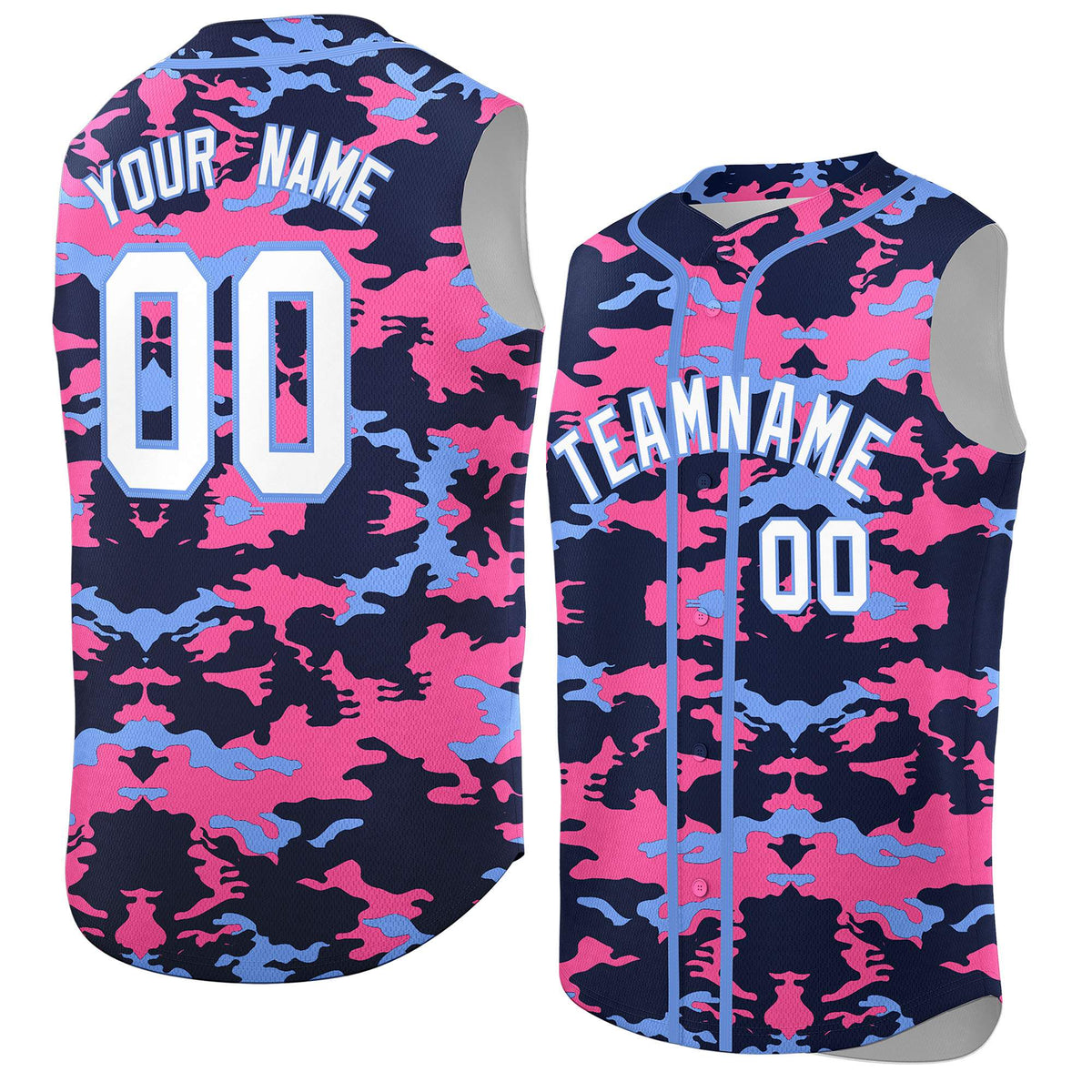 Custom Navy Pink and Powder Blue Camo Fashion Authentic Sleeveless Baseball Jersey