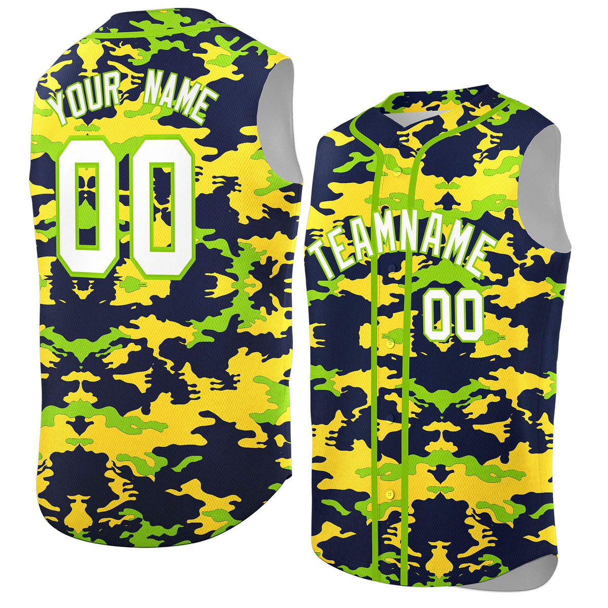 Custom Navy Gold and Neon Green Camo Fashion Authentic Sleeveless Baseball Jersey