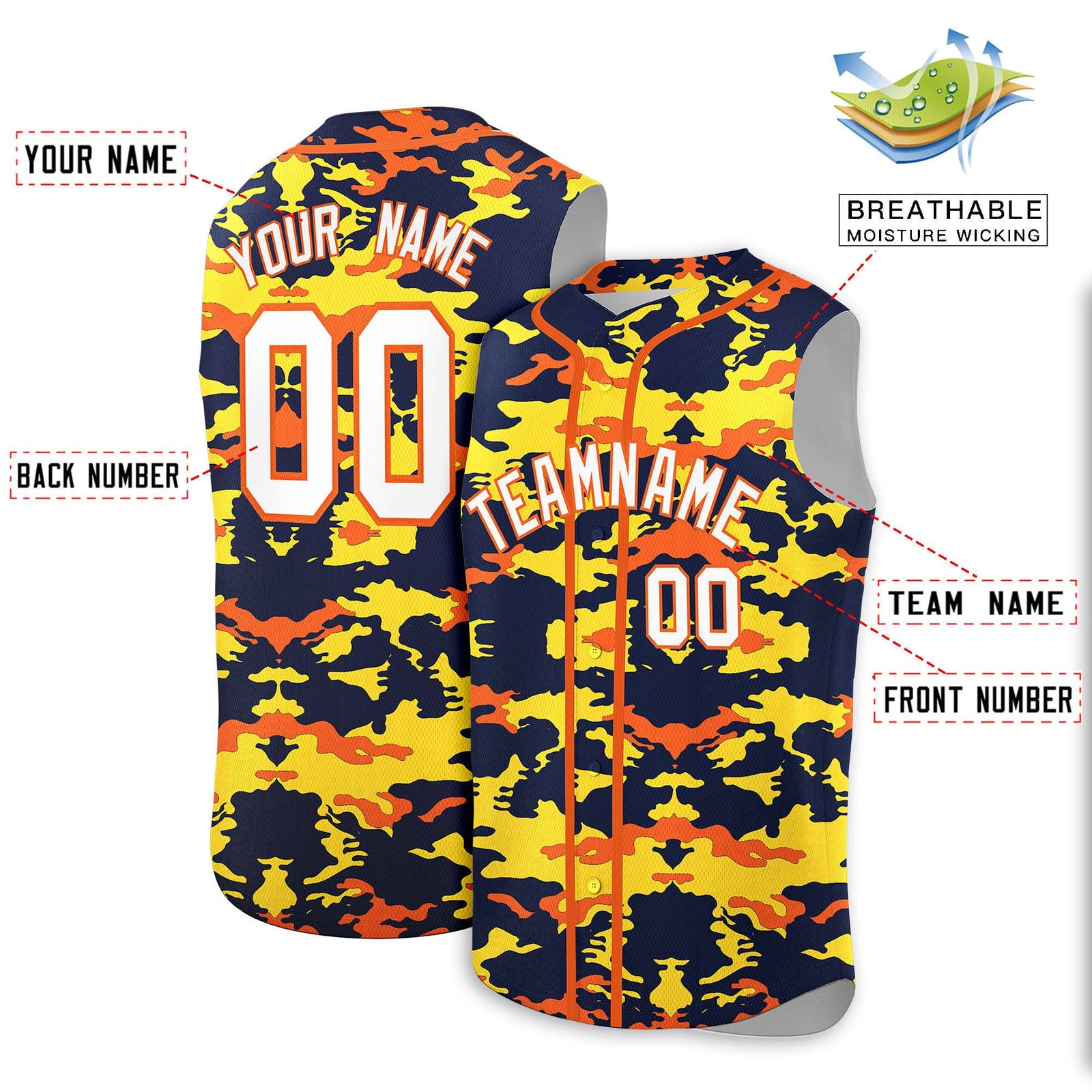 Custom Navy Gold and Orange Camo Fashion Authentic Sleeveless Baseball Jersey