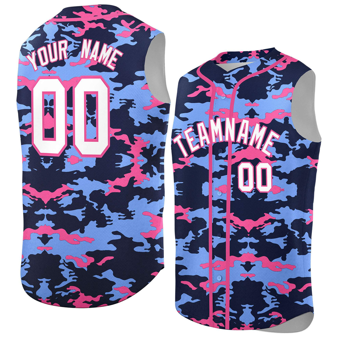 Custom Navy Light Blue and Pink Camo Fashion Authentic Sleeveless Baseball Jersey
