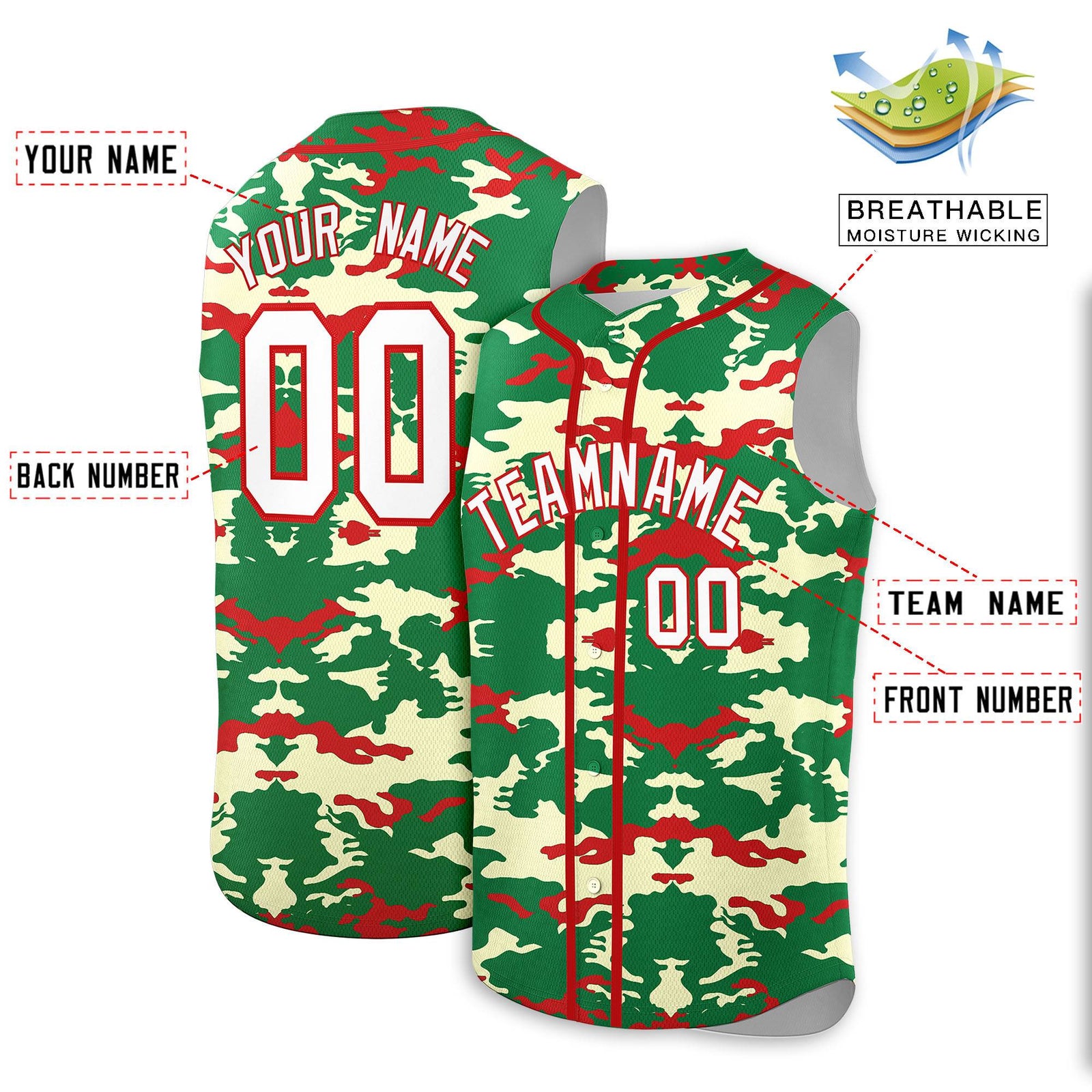 Custom Kelly Green Red Camo Fashion Authentic Sleeveless Baseball Jersey