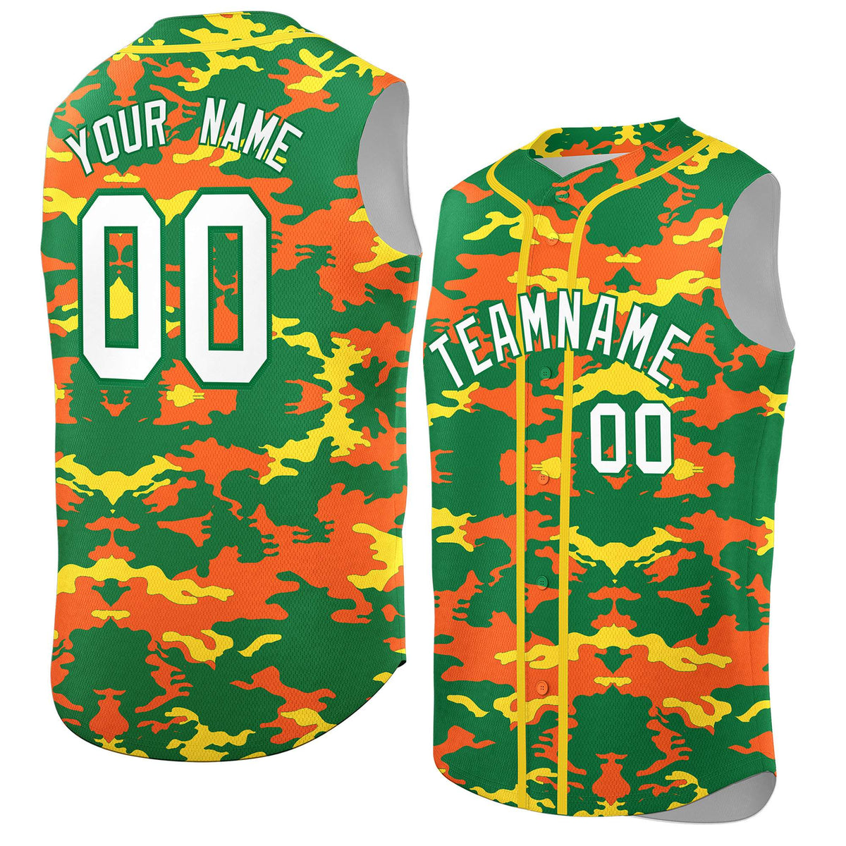 Custom Kelly Green Orange and Gold Camo Fashion Authentic Sleeveless Baseball Jersey