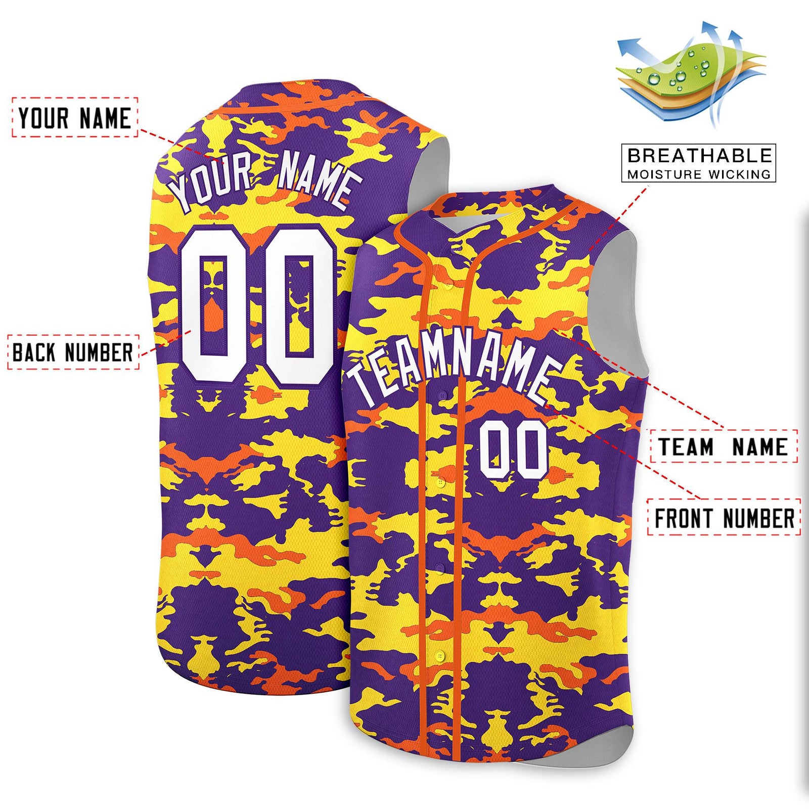 Custom Purple Gold and Orange Camo Fashion Authentic Sleeveless Baseball Jersey