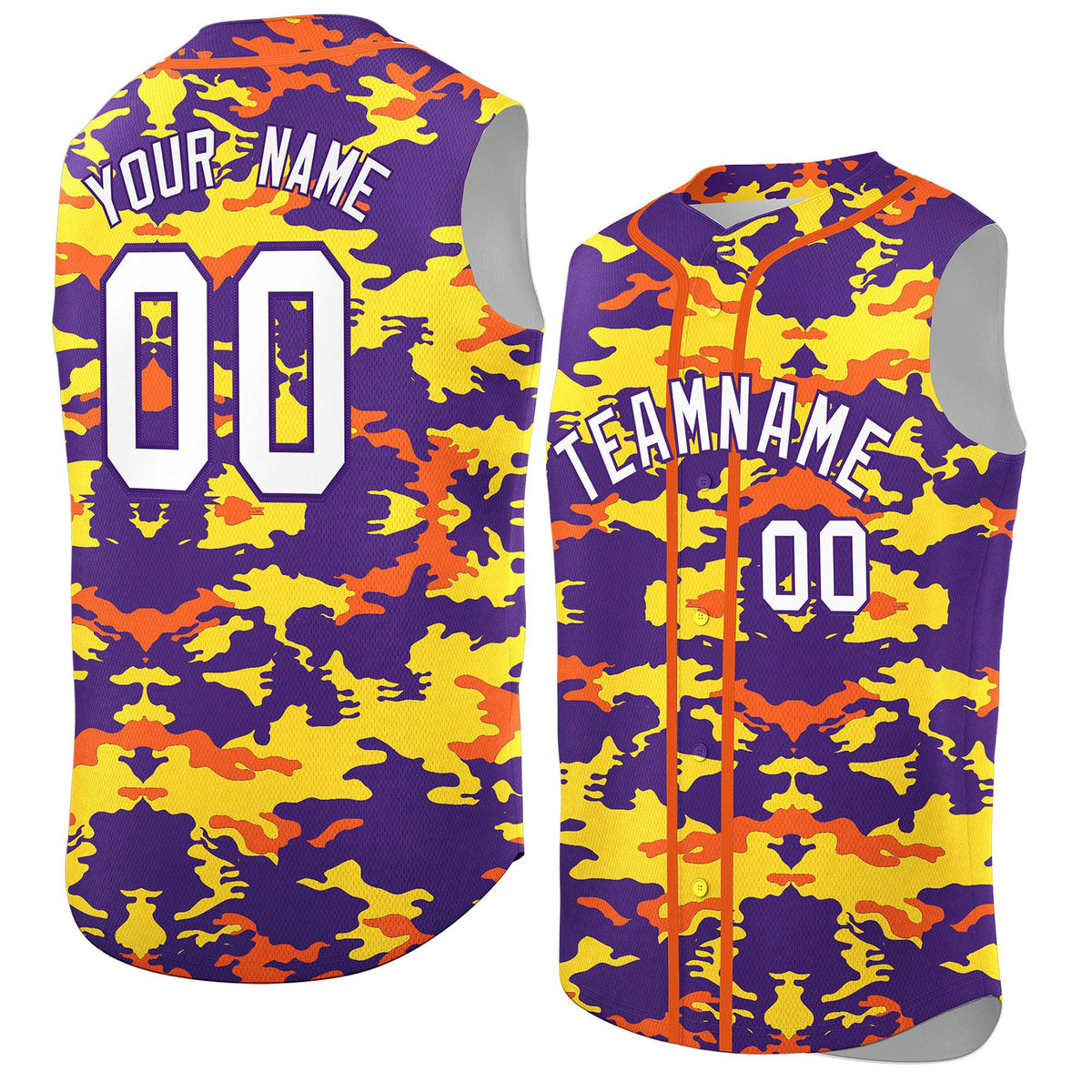 Custom Purple Gold and Orange Camo Fashion Authentic Sleeveless Baseball Jersey