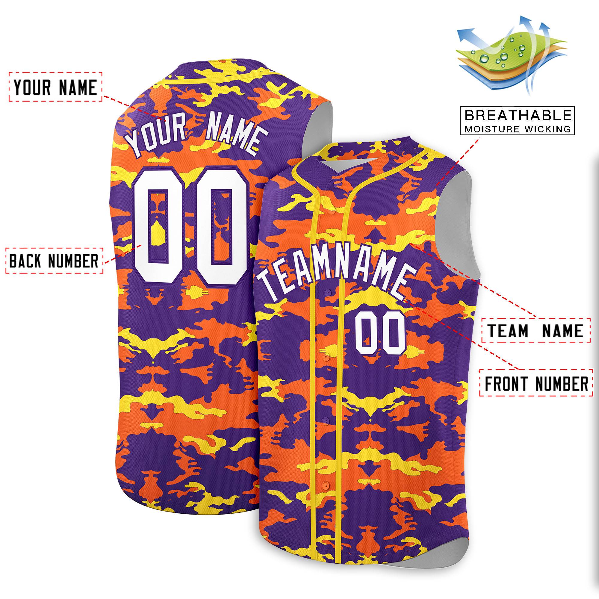 Custom Purple Orange and Gold Camo Fashion Authentic Sleeveless Baseball Jersey