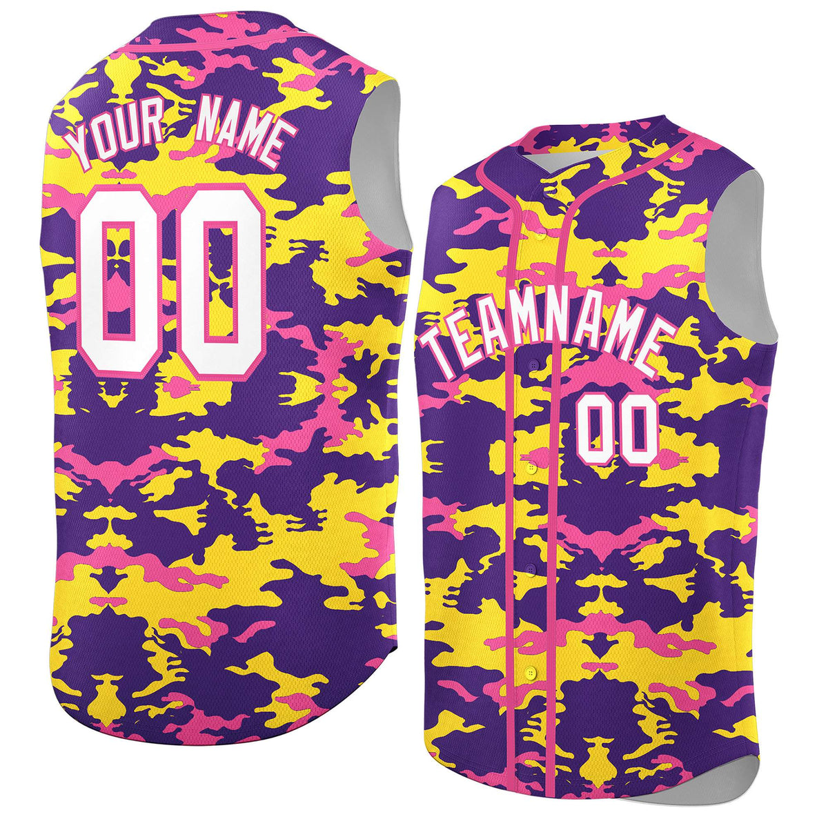 Custom Purple Gold and Pink Camo Fashion Authentic Sleeveless Baseball Jersey