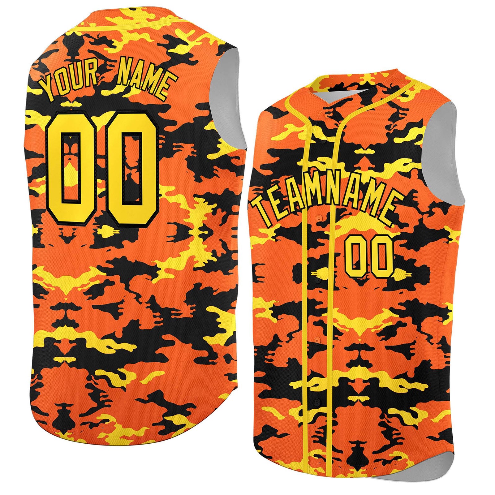 Custom Orange Black and Gold Camo Fashion Authentic Sleeveless Baseball Jersey