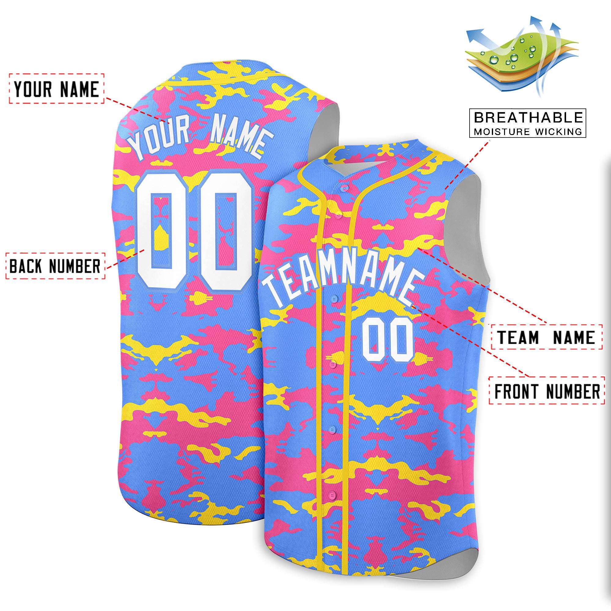 Custom Powder Blue Pink and Gold Camo Fashion Authentic Sleeveless Baseball Jersey