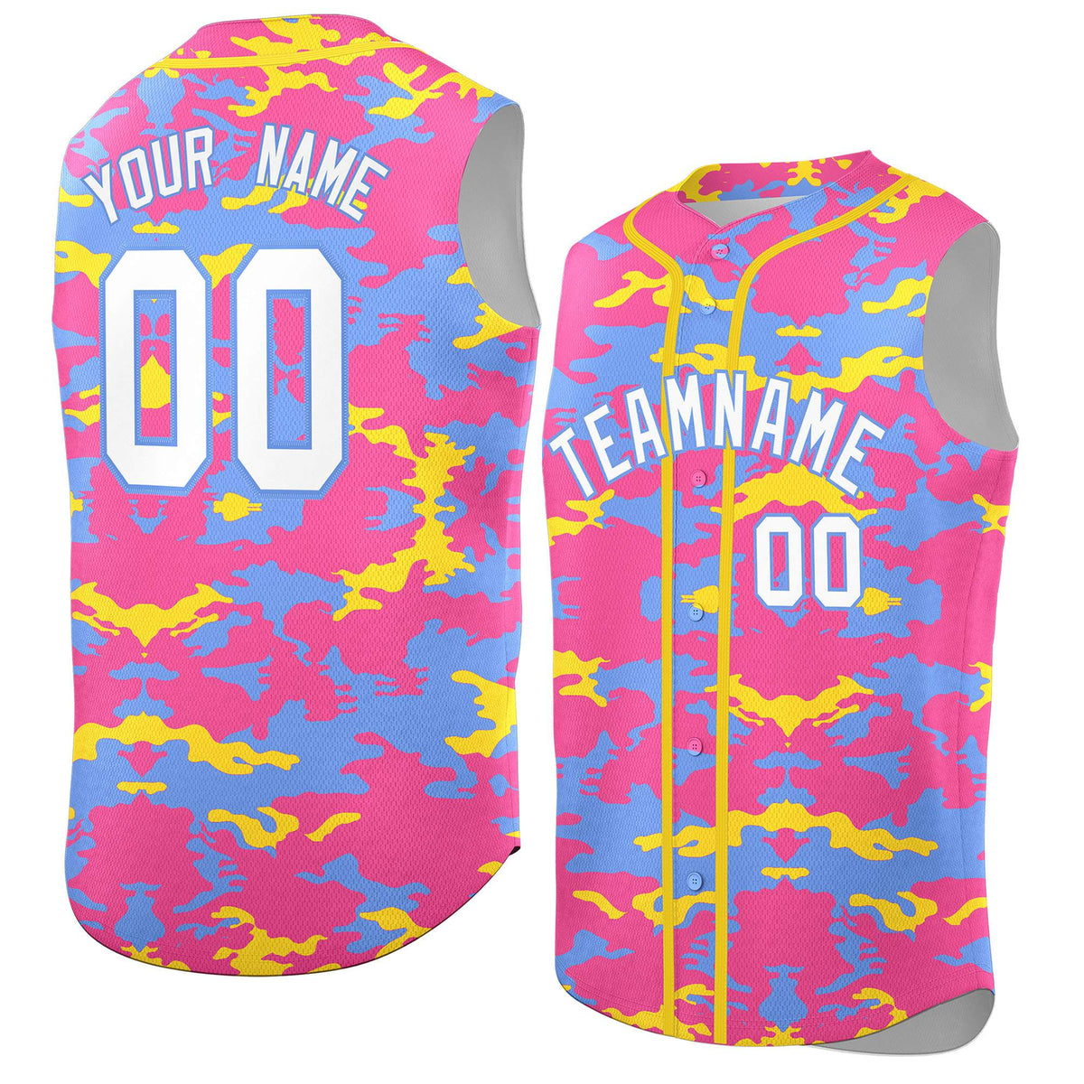 Custom Pink Powder Blue and Gold Camo Fashion Authentic Sleeveless Baseball Jersey