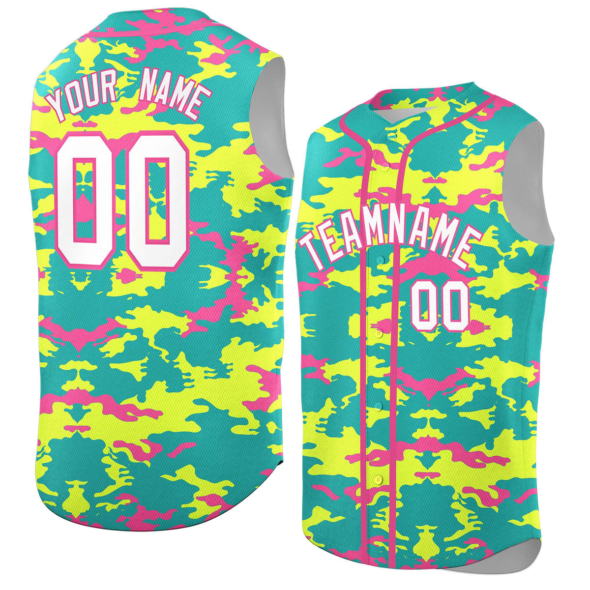 Custom Bright Green Fluorescent Green and Pink Camo Fashion Authentic Sleeveless Baseball Jersey