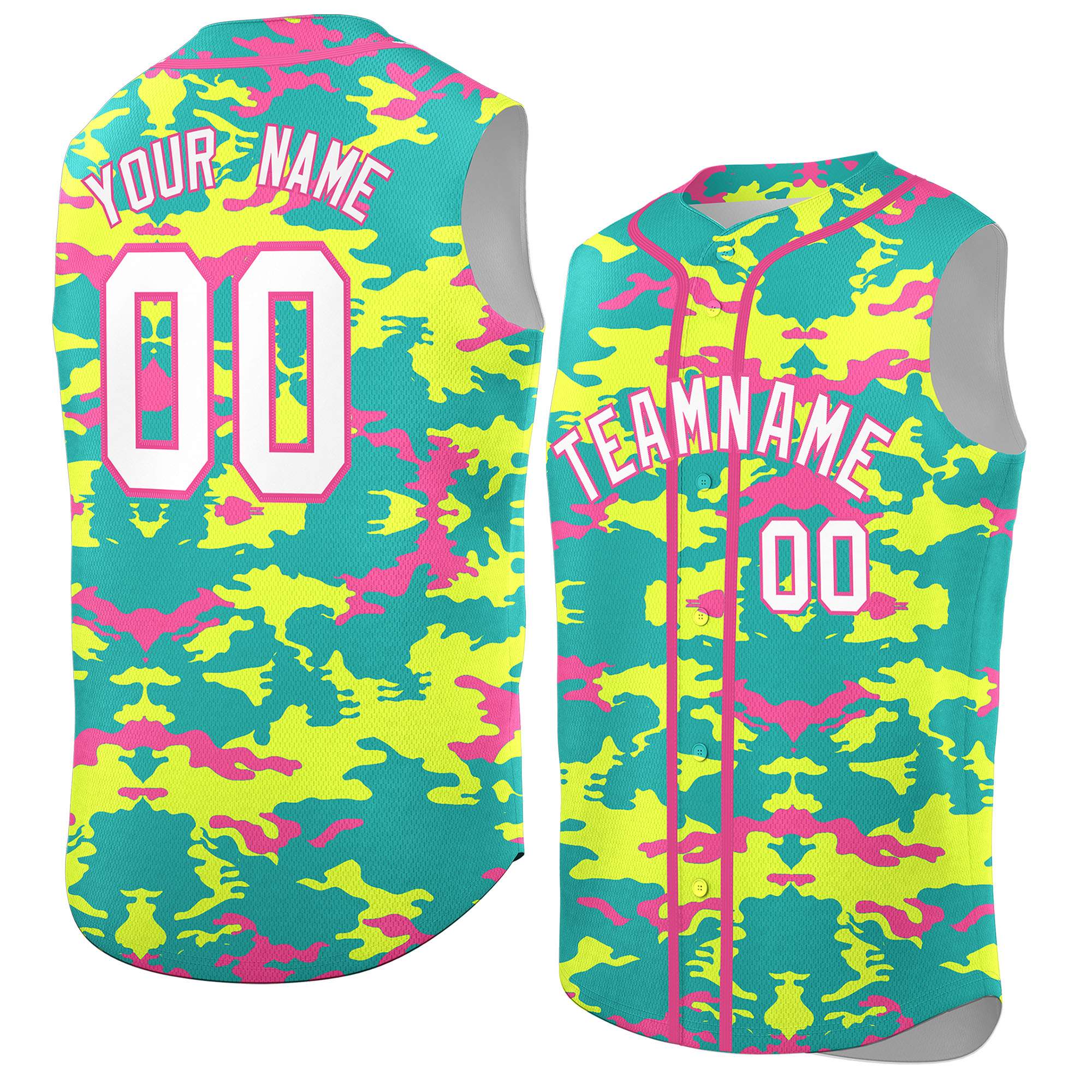 Custom Bright Green Fluorescent Green and Pink Camo Fashion Authentic Sleeveless Baseball Jersey