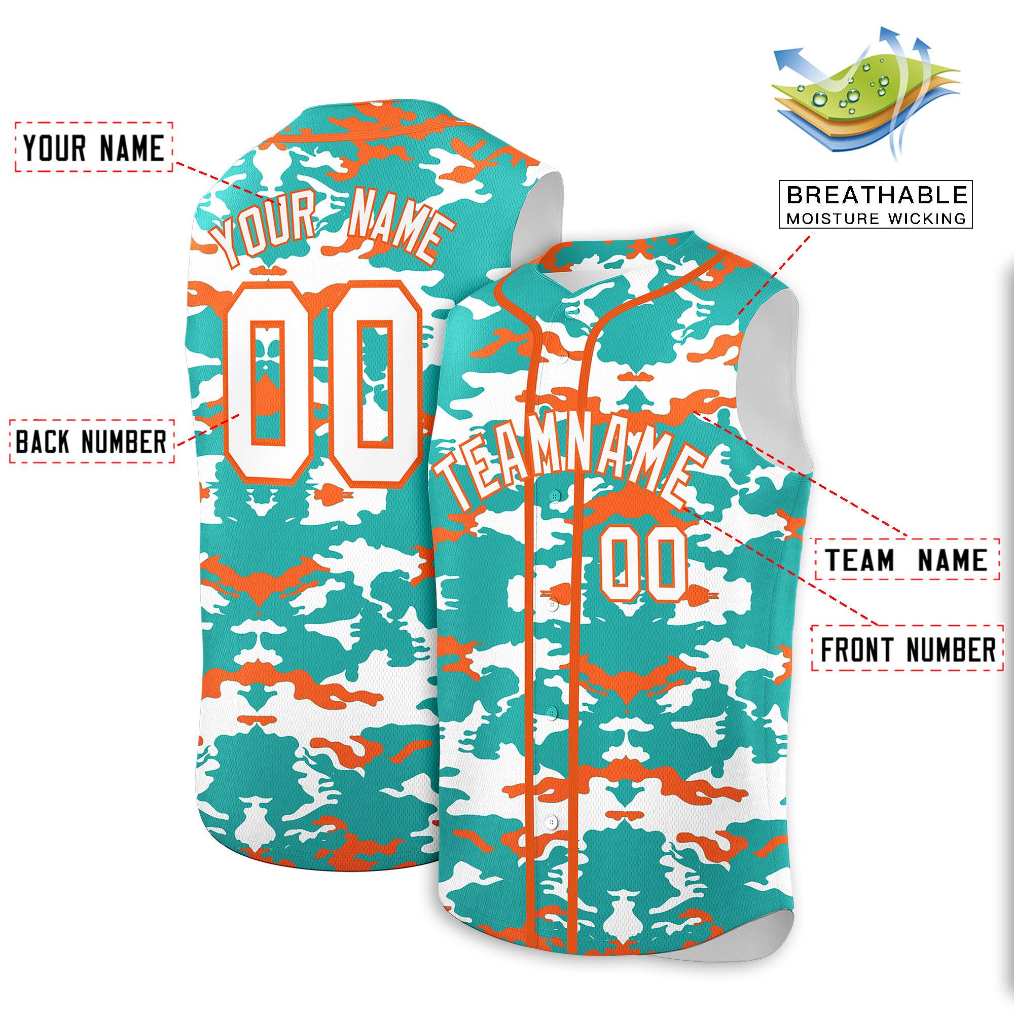 Custom Bright Green White and Orange Camo Fashion Authentic Sleeveless Baseball Jersey