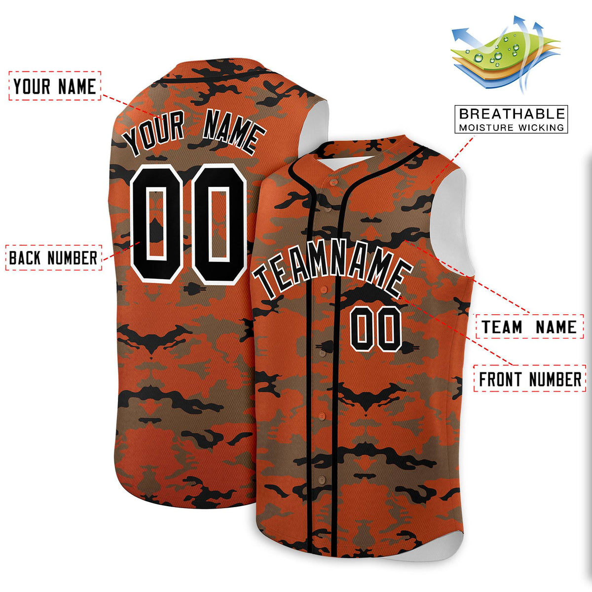 Custom Texas Orange Light Brown and Black Camo Fashion Authentic Sleeveless Baseball Jersey