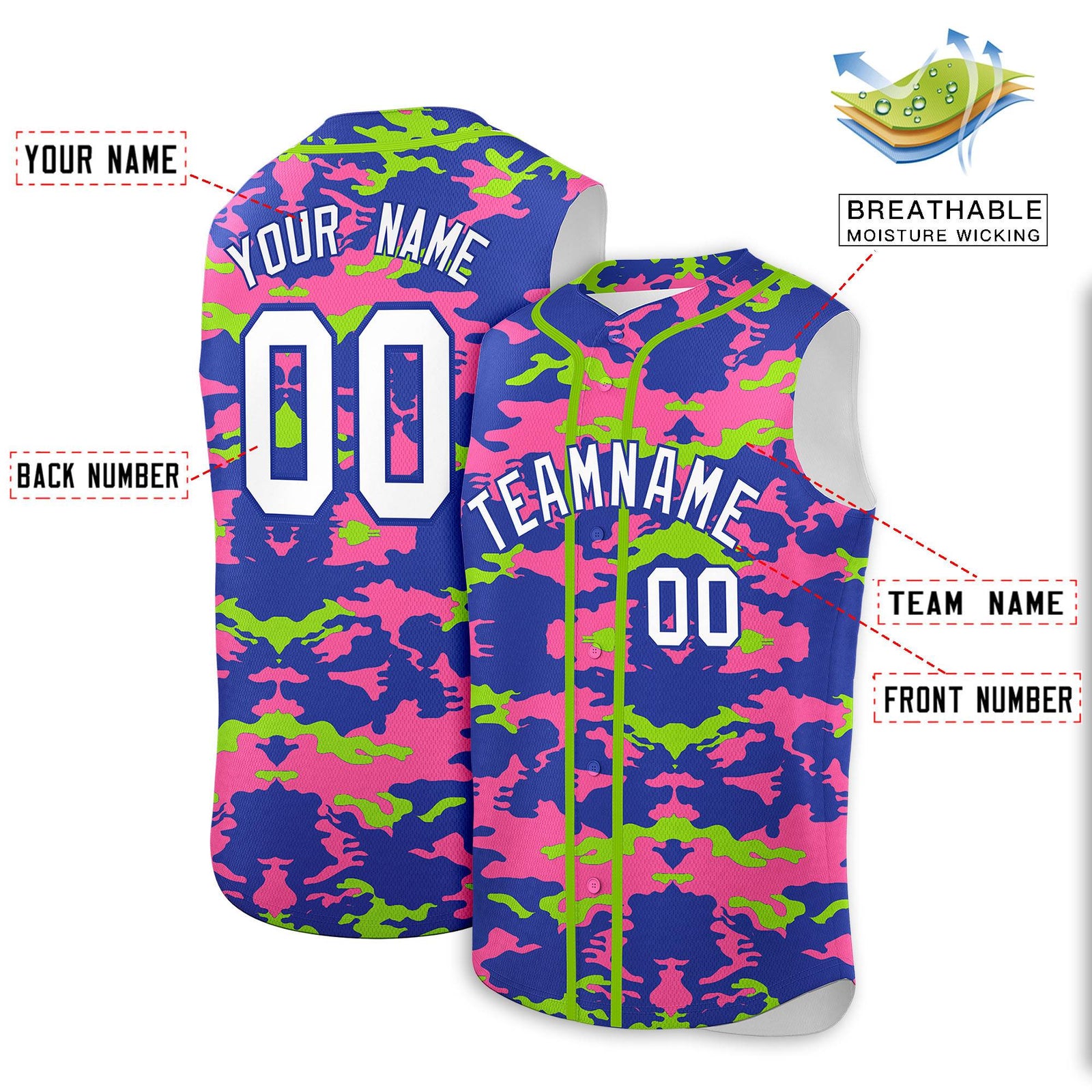 Custom Royal Pink and Neon Green Camo Fashion Authentic Sleeveless Baseball Jersey