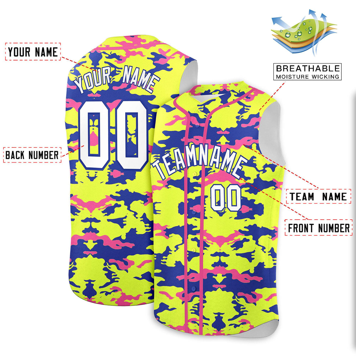 Custom Fluorescent Green Royal and Pink Camo Fashion Authentic Sleeveless Baseball Jersey