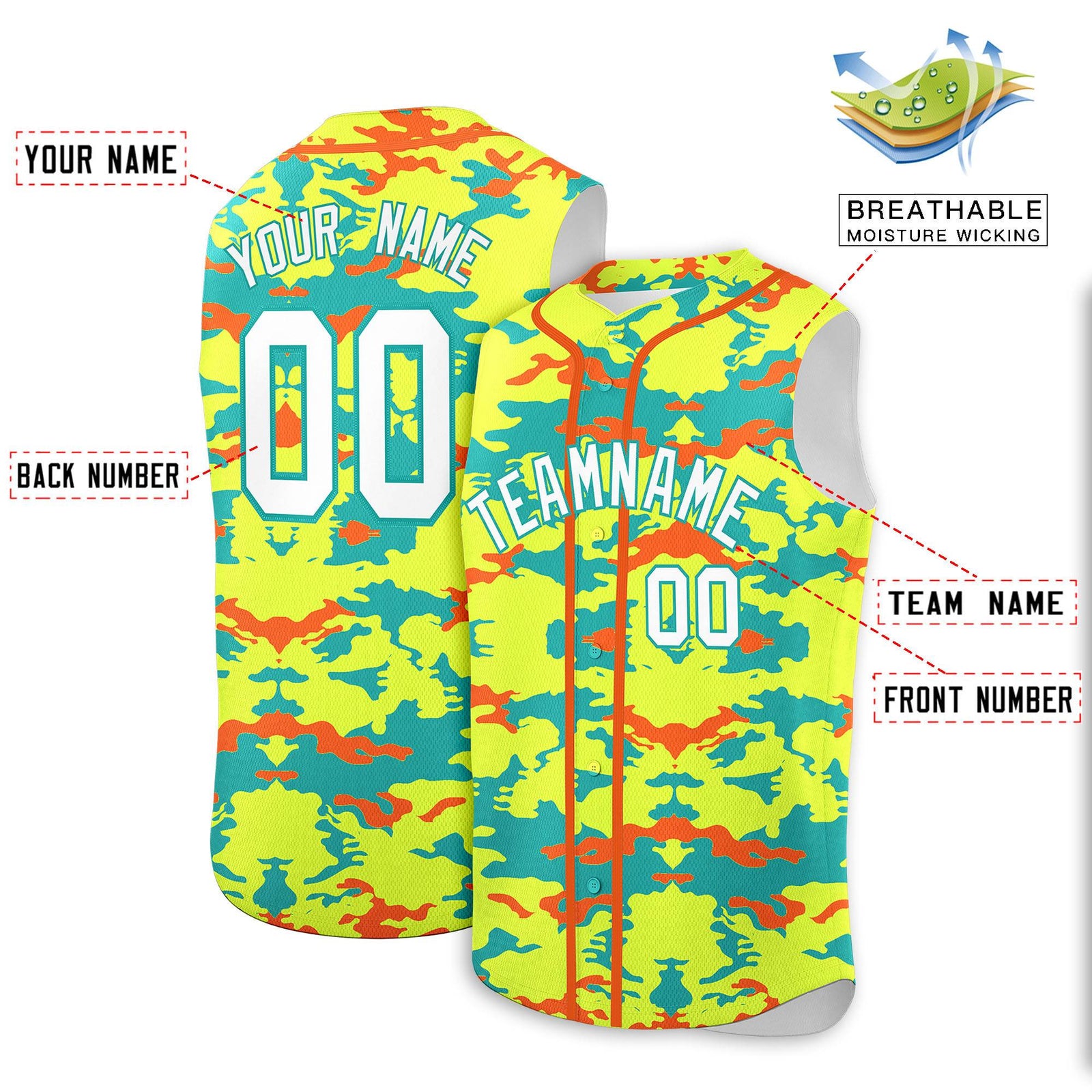 Custom Fluorescent Green Aqua and Orange Camo Fashion Authentic Sleeveless Baseball Jersey