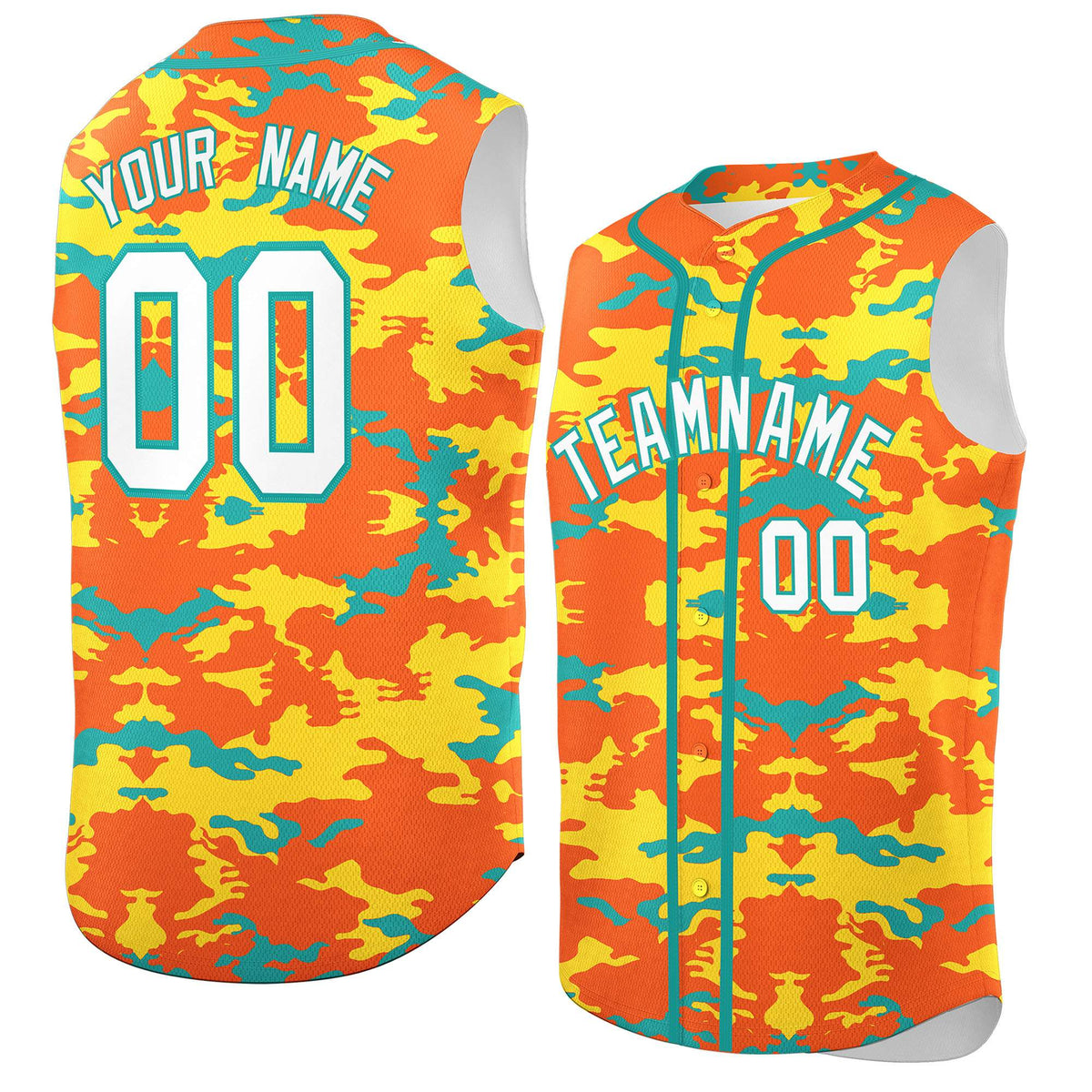 Custom Orange Gold and Aqua Camo Fashion Authentic Sleeveless Baseball Jersey