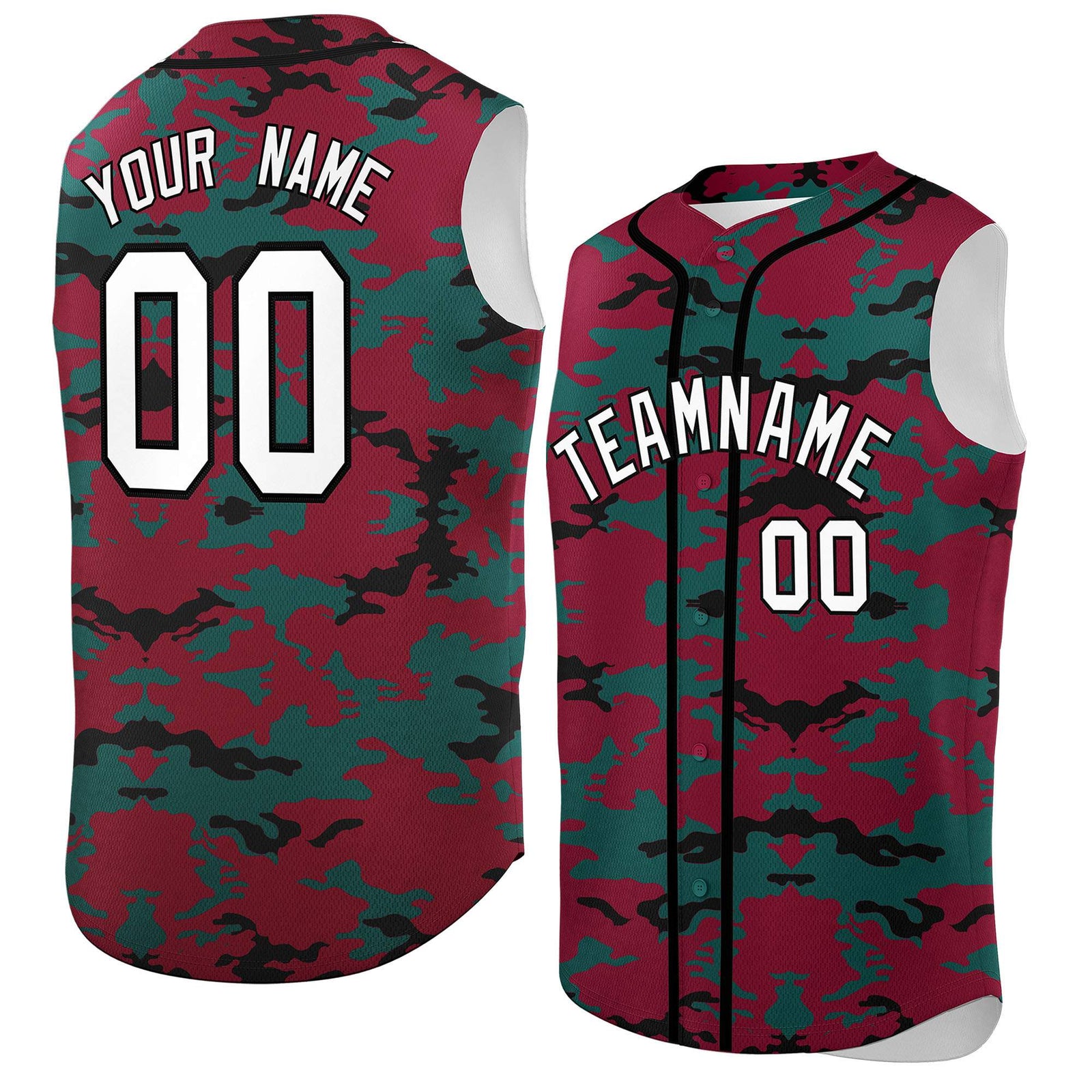 Custom Crimson Midnight Green and Black Camo Fashion Authentic Sleeveless Baseball Jersey