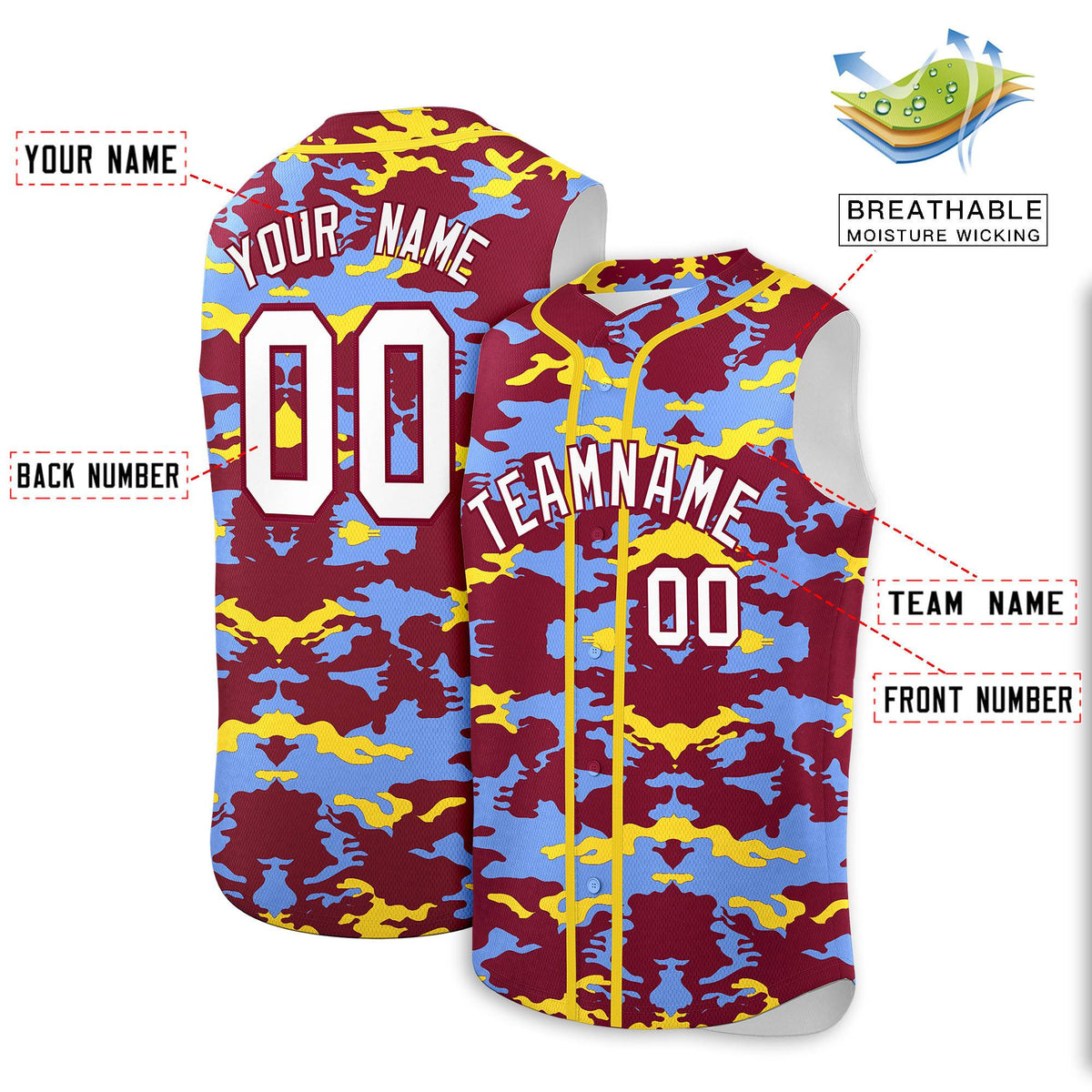 Custom Crimson Light Blue and Gold Camo Fashion Authentic Sleeveless Baseball Jersey